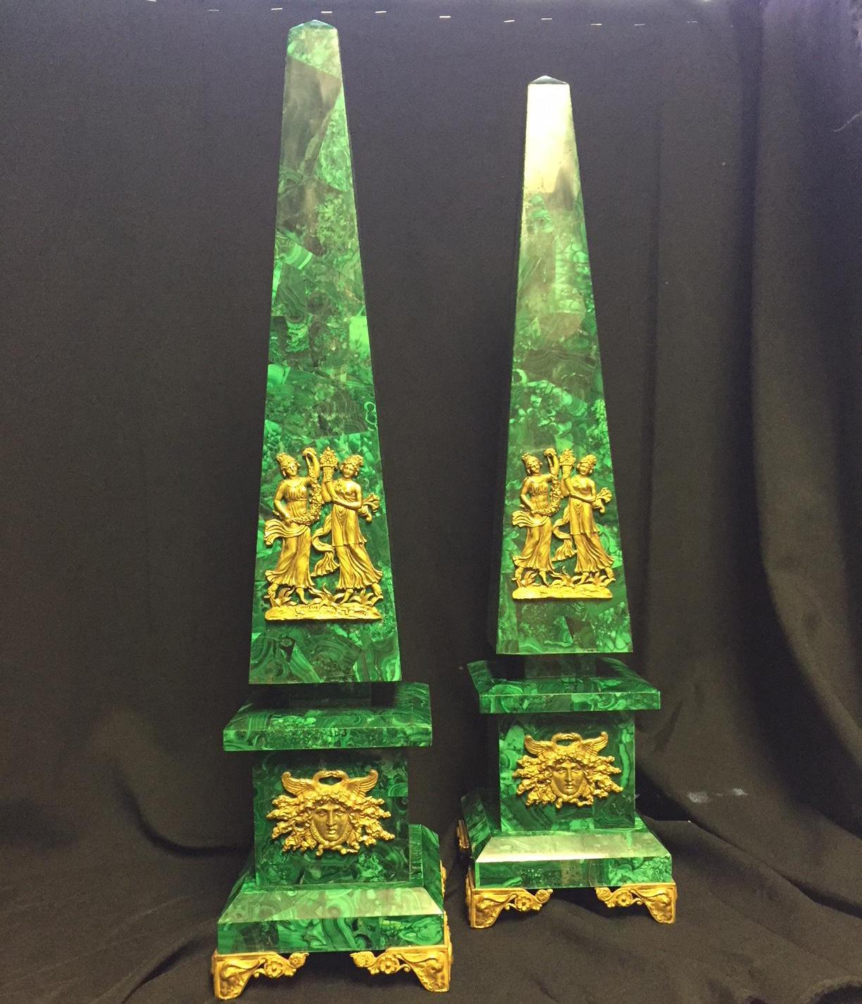 American Pair of Ormolu Mounted Malachite Veneered Obelisks
