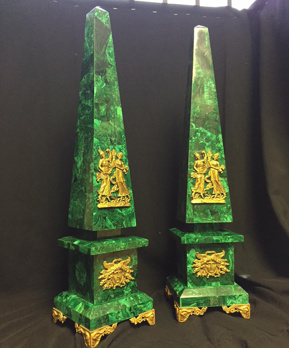 Gilt Pair of Ormolu Mounted Malachite Veneered Obelisks