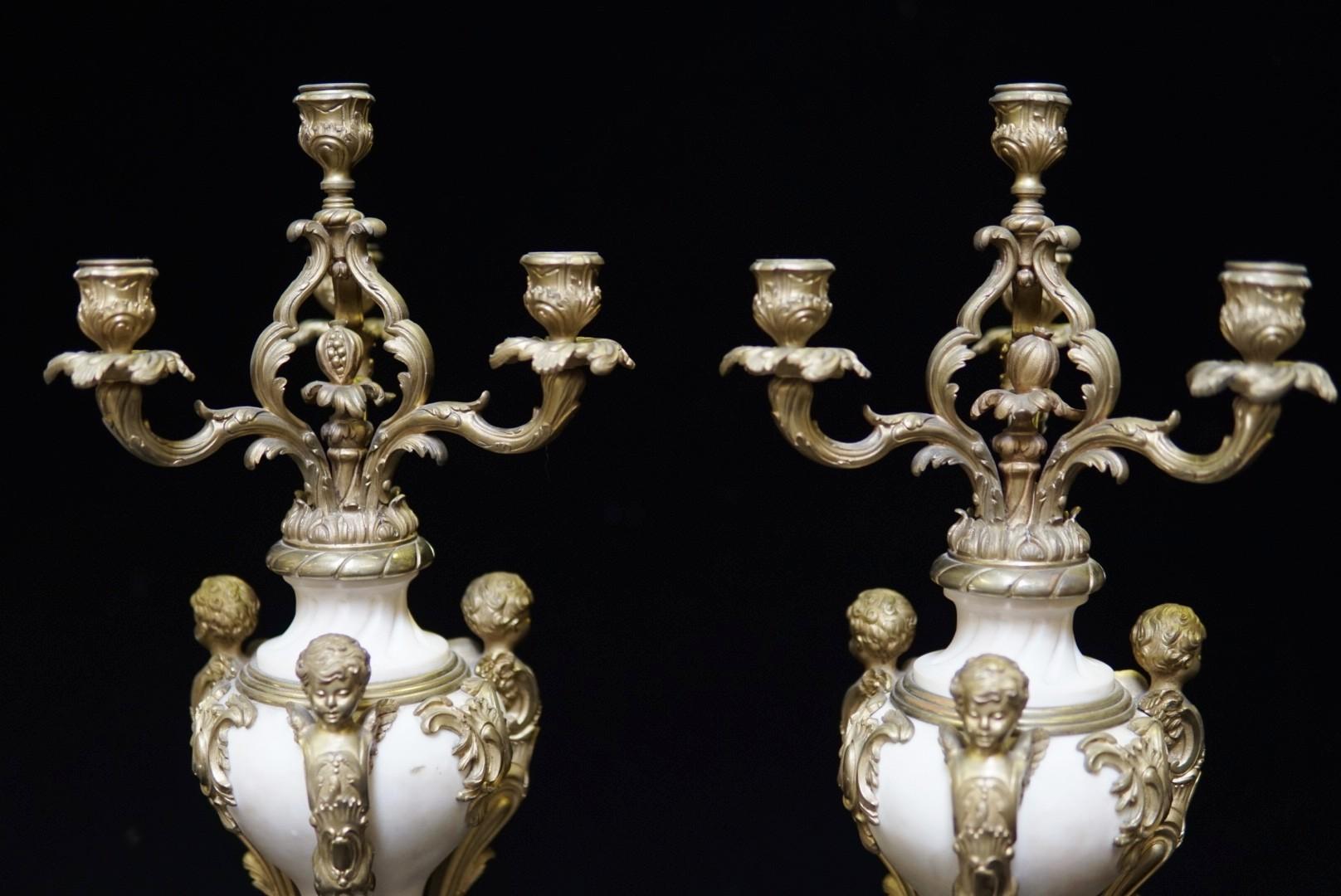 Louis XV Pair of Ormolu Mounted Marble Candelabras, 19C French For Sale