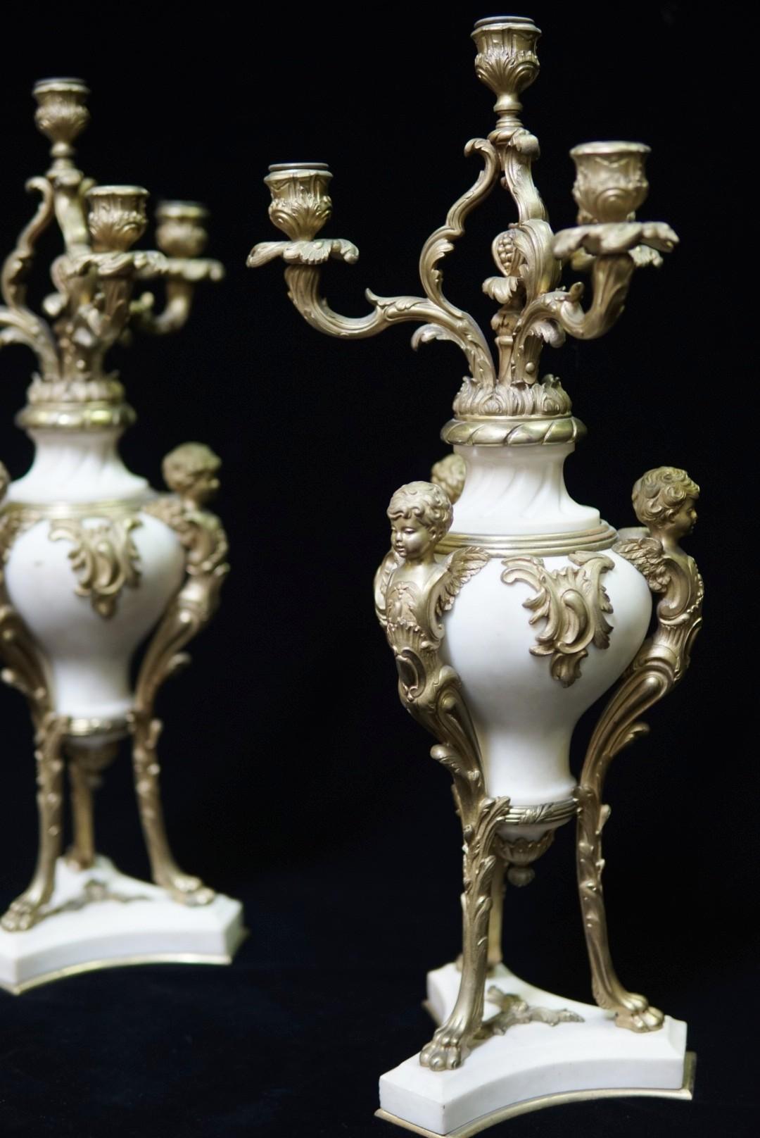 Hand-Carved Pair of Ormolu Mounted Marble Candelabras, 19C French For Sale