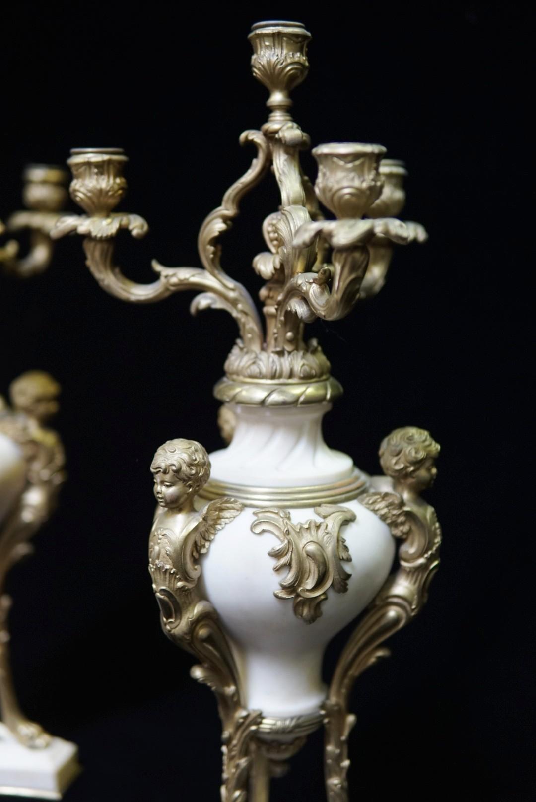 19th Century Pair of Ormolu Mounted Marble Candelabras, 19C French For Sale