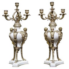 Antique Pair of Ormolu Mounted Marble Candelabras, 19C French