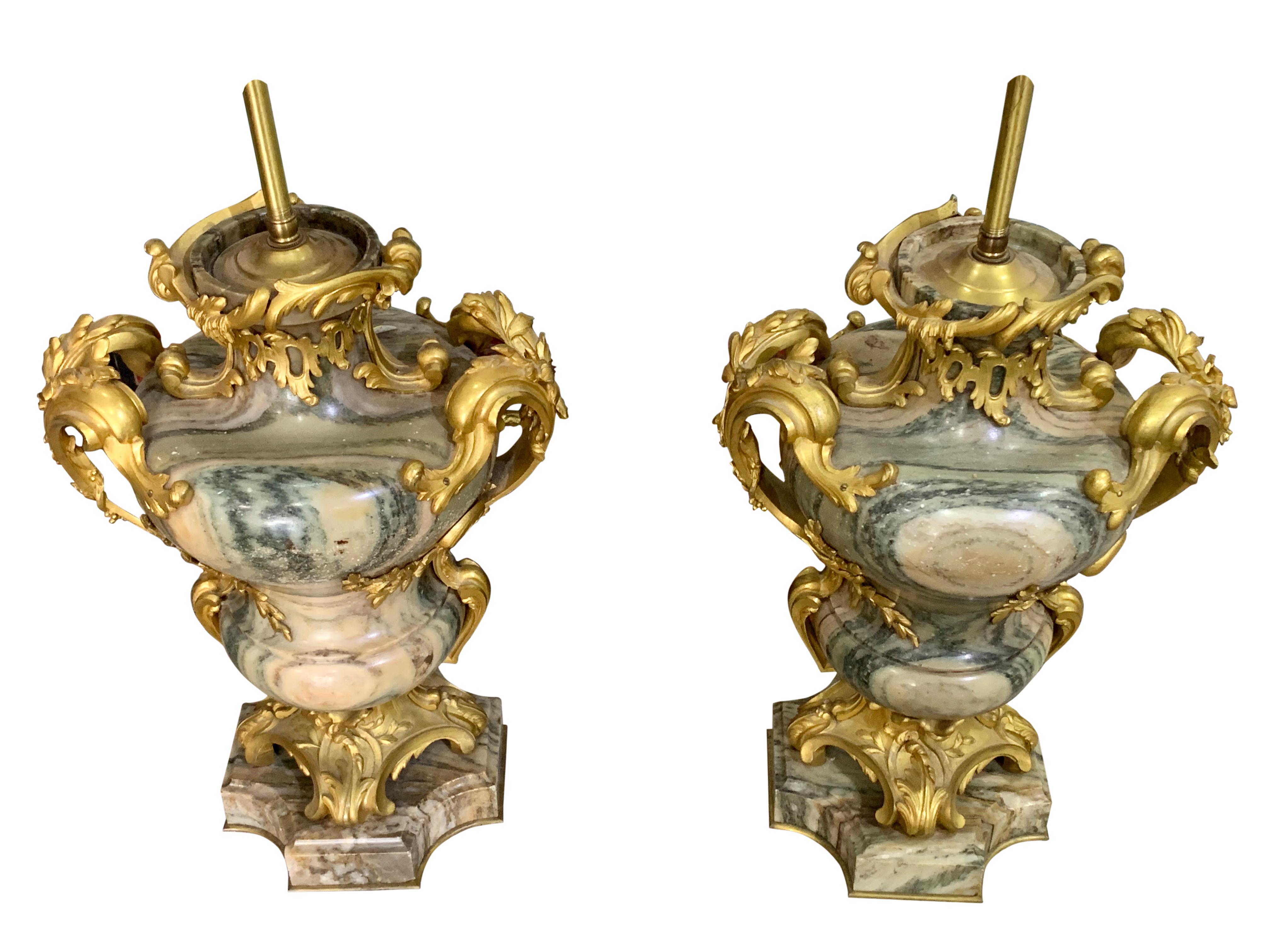 French Pair of Ormolu Mounted Marble Lamps by Maison Millet For Sale