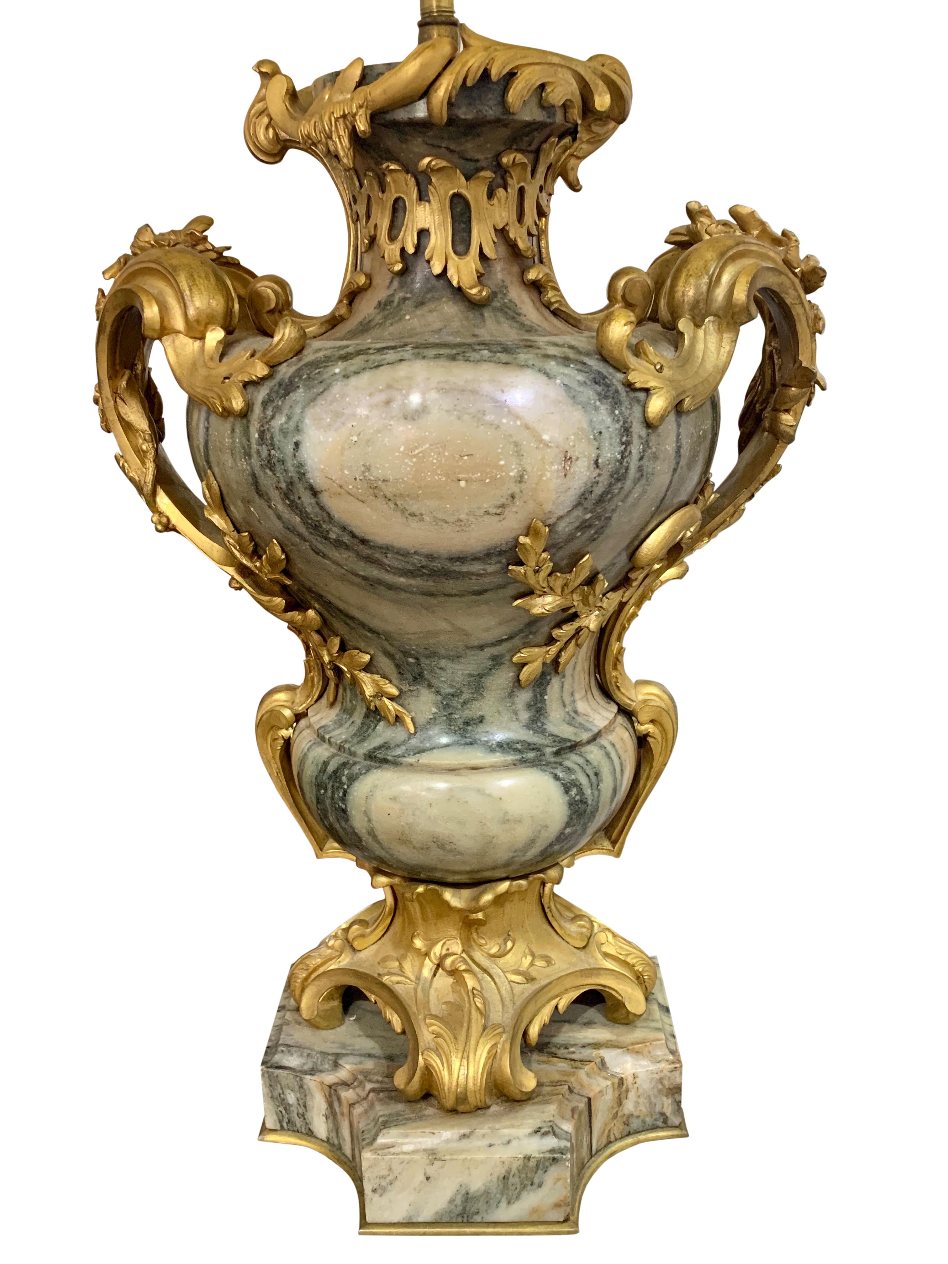 Late 19th Century Pair of Ormolu Mounted Marble Lamps by Maison Millet For Sale