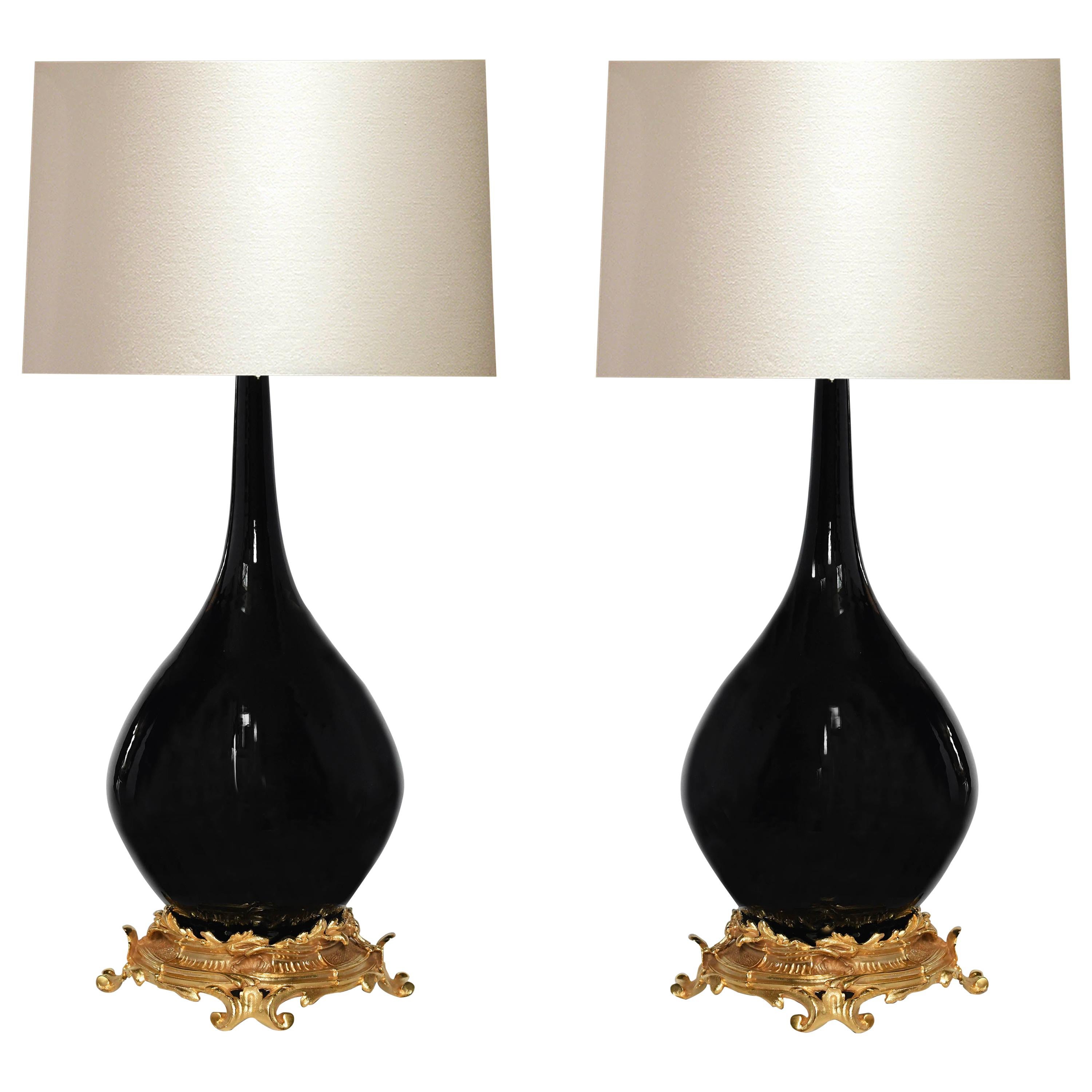 Pair of Ormolu-Mounted Mirror Black Porcelain Lamps For Sale