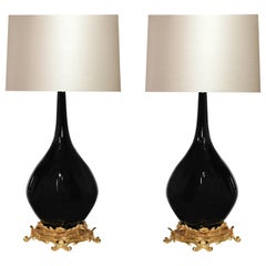 Pair of Ormolu-Mounted Mirror Black Porcelain Lamps