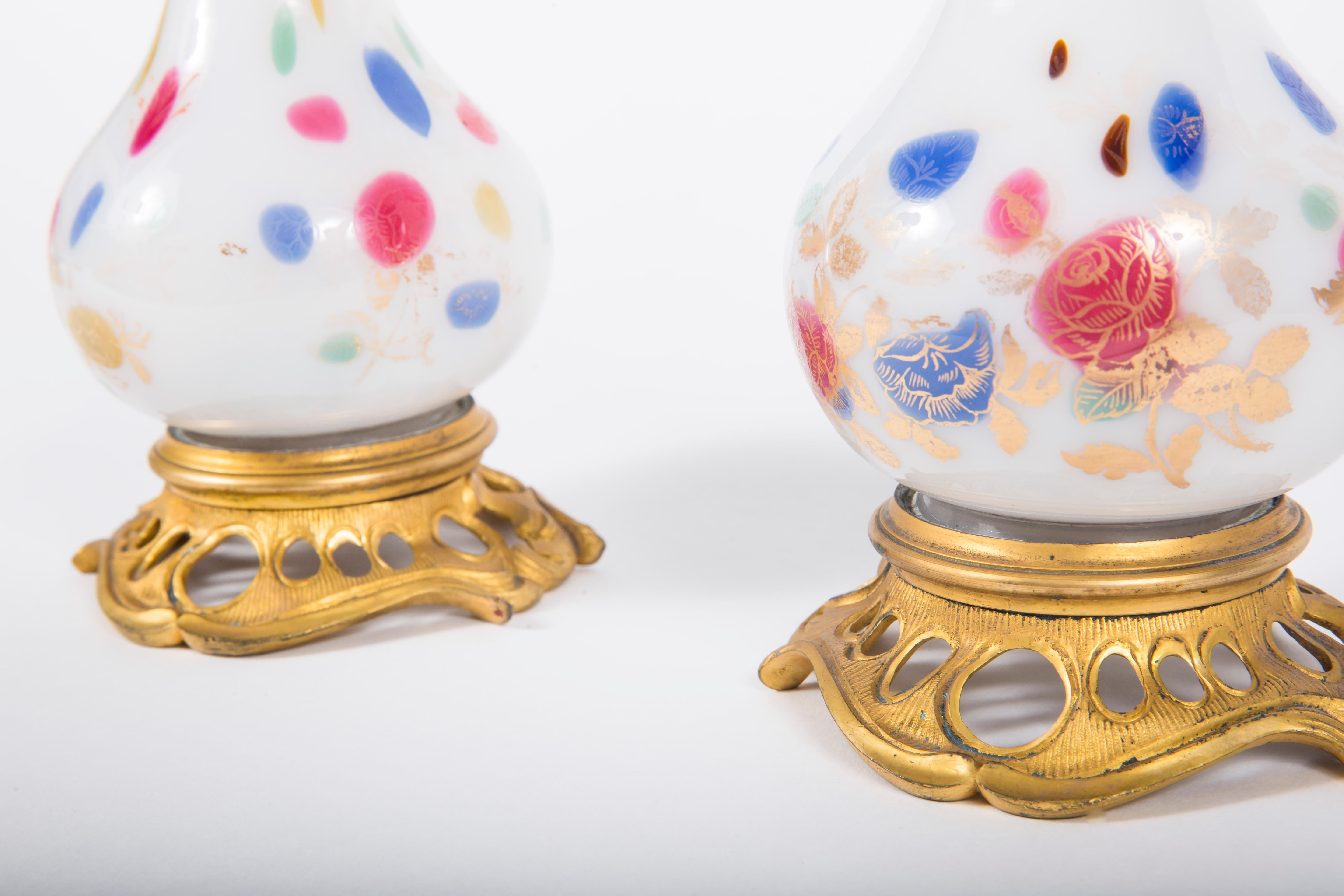 Pair of Ormolu Mounted Opaline Painted Dresser Bottles In Good Condition For Sale In New York, NY