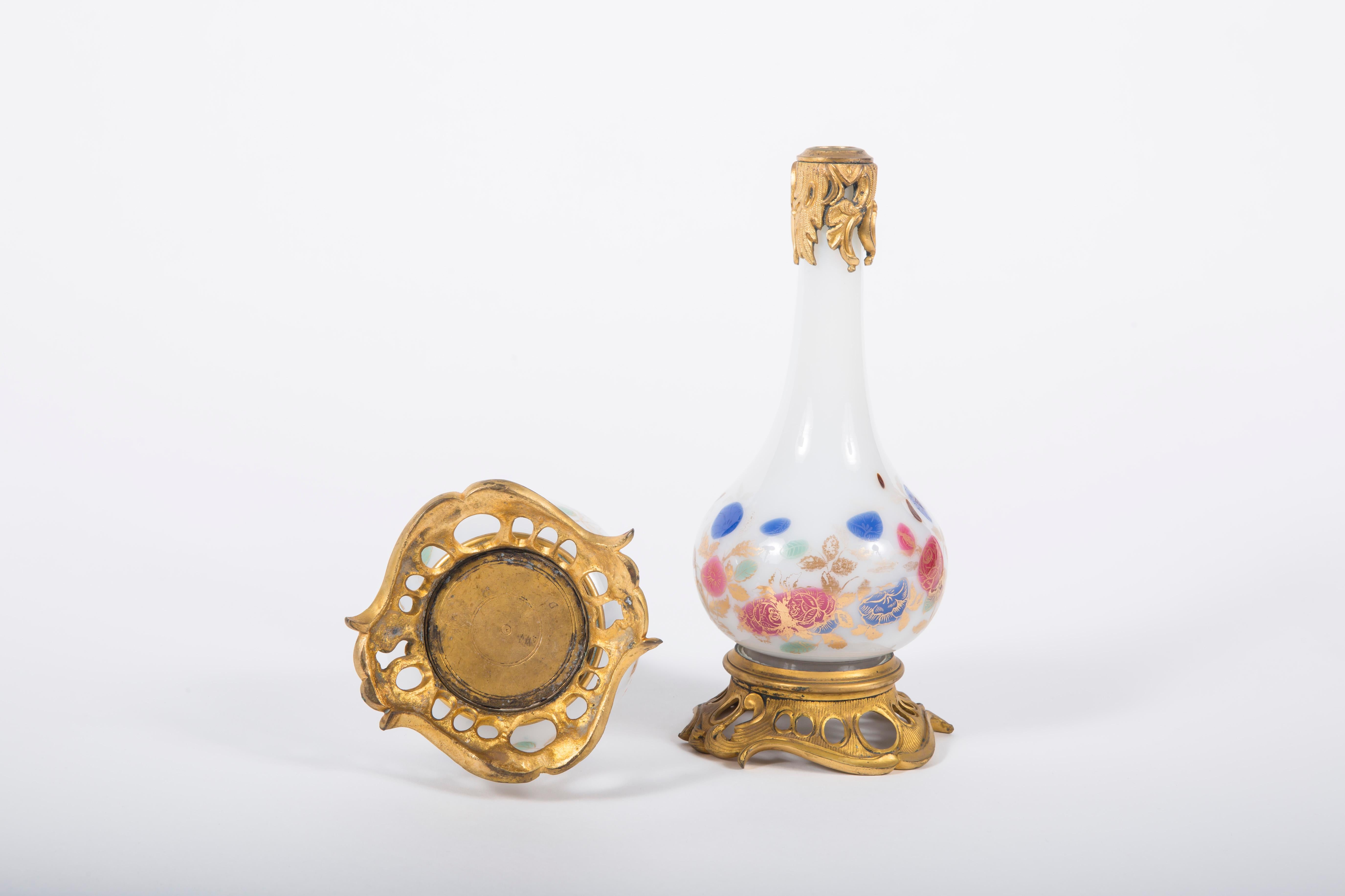 19th Century Pair of Ormolu Mounted Opaline Painted Dresser Bottles For Sale