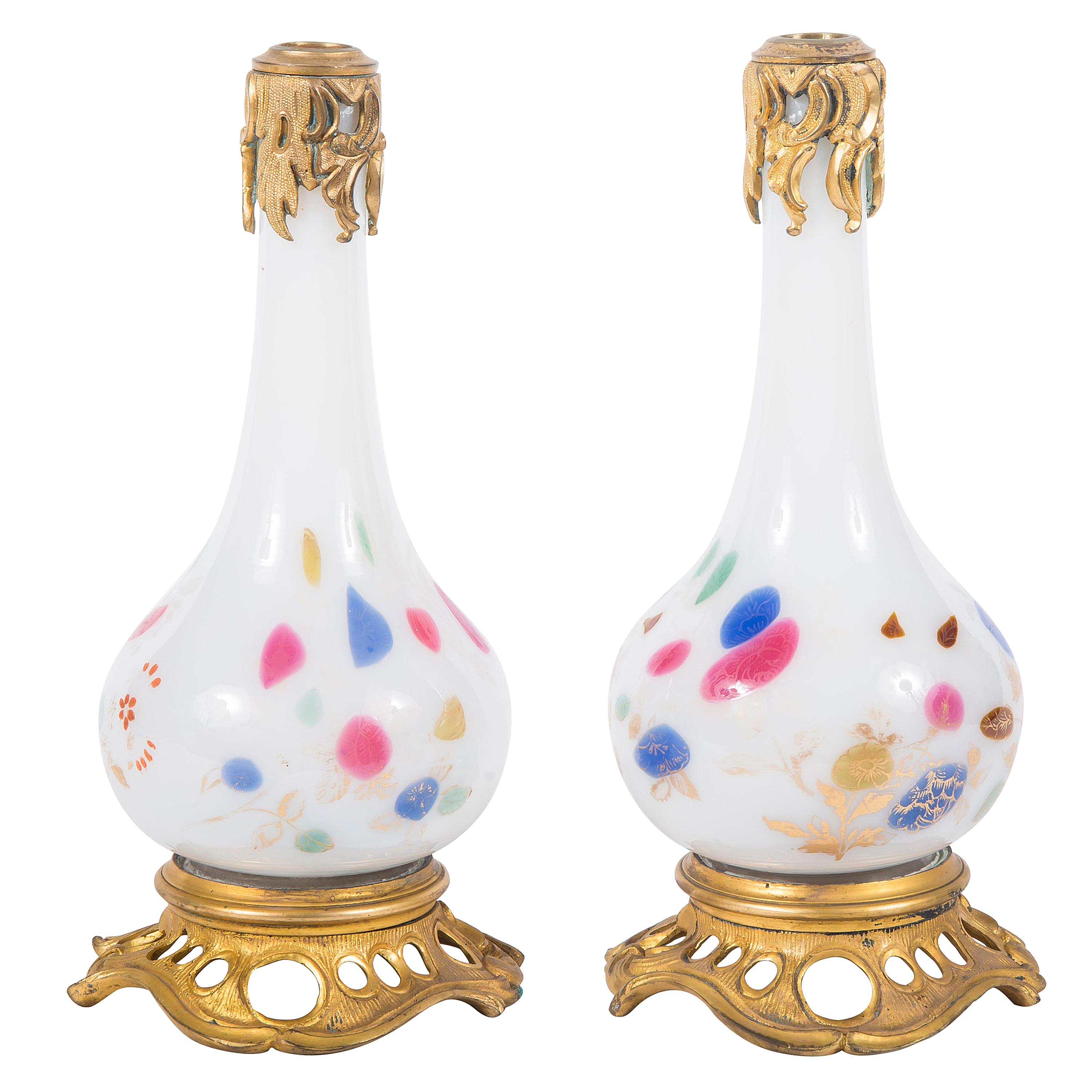 Pair of Ormolu Mounted Opaline Painted Dresser Bottles For Sale