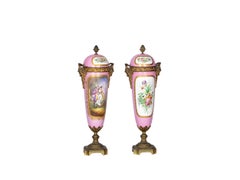 Pair Of Ormolu Mounted Pink Sevres Vases, Floral Scenes, 19th Century