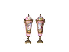 Pair Of Ormolu Mounted Pink Sevres Vases, Floral Scenes, 19th Century