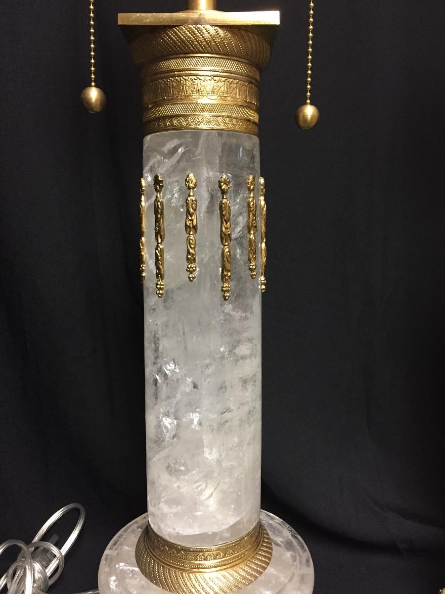 Neoclassical Pair of Ormolu Mounted Rock Crystal Columnar Lamps