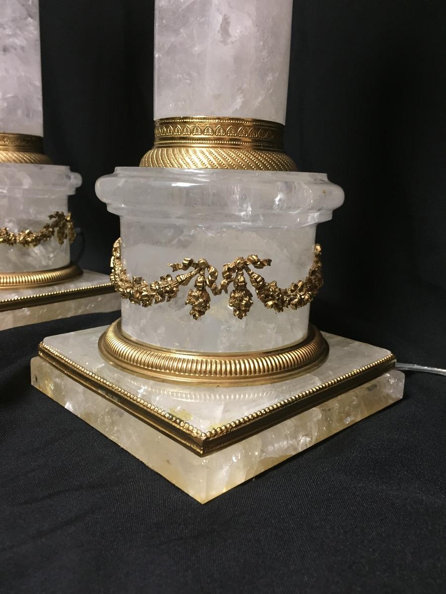 Pair of Ormolu Mounted Rock Crystal Columnar Lamps In Good Condition In Cypress, CA