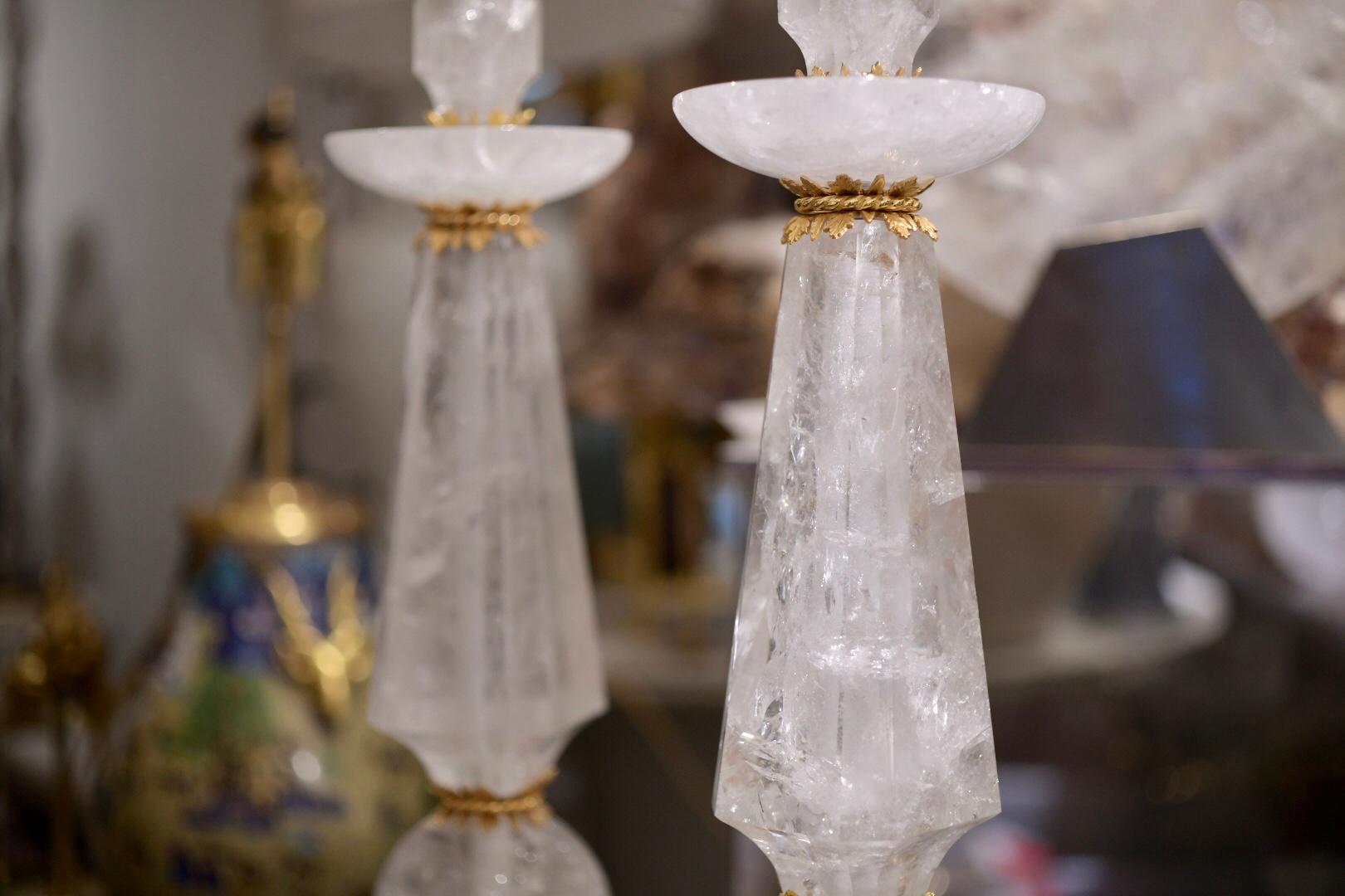 Contemporary Pair of Ormolu-Mounted Rock Crystal Quartz Lamps For Sale