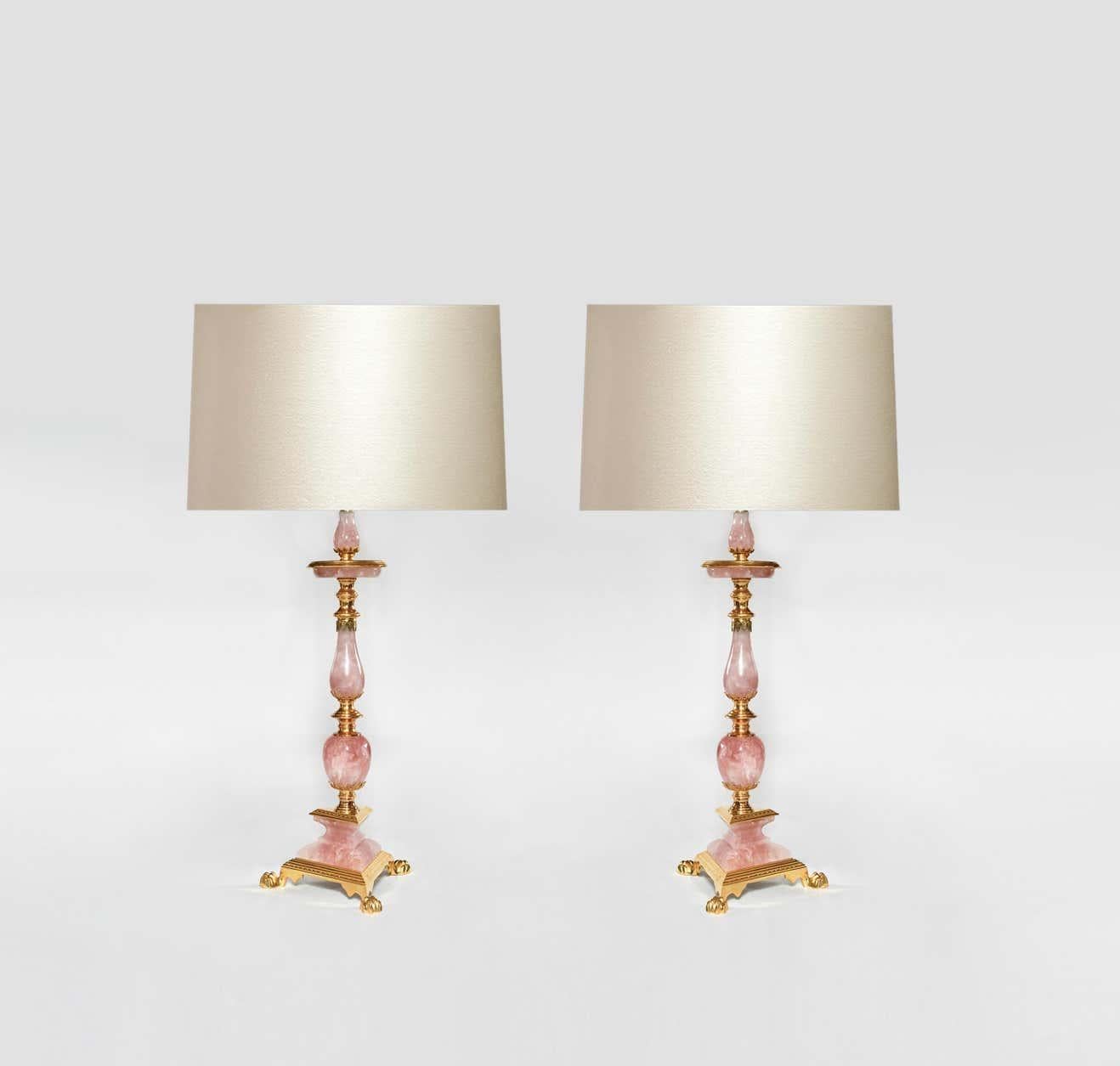Pair of fine cast ormolu-mounted rose rock crystal quartz lamps.
Available in a nickel plating and antique brass finished.
To the rock crystal: 20