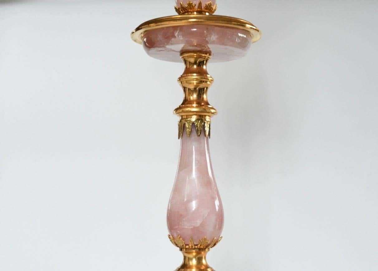 Pair of Ormolu-Mounted Rose Rock Crystal Quartz Lamps In Excellent Condition In New York, NY