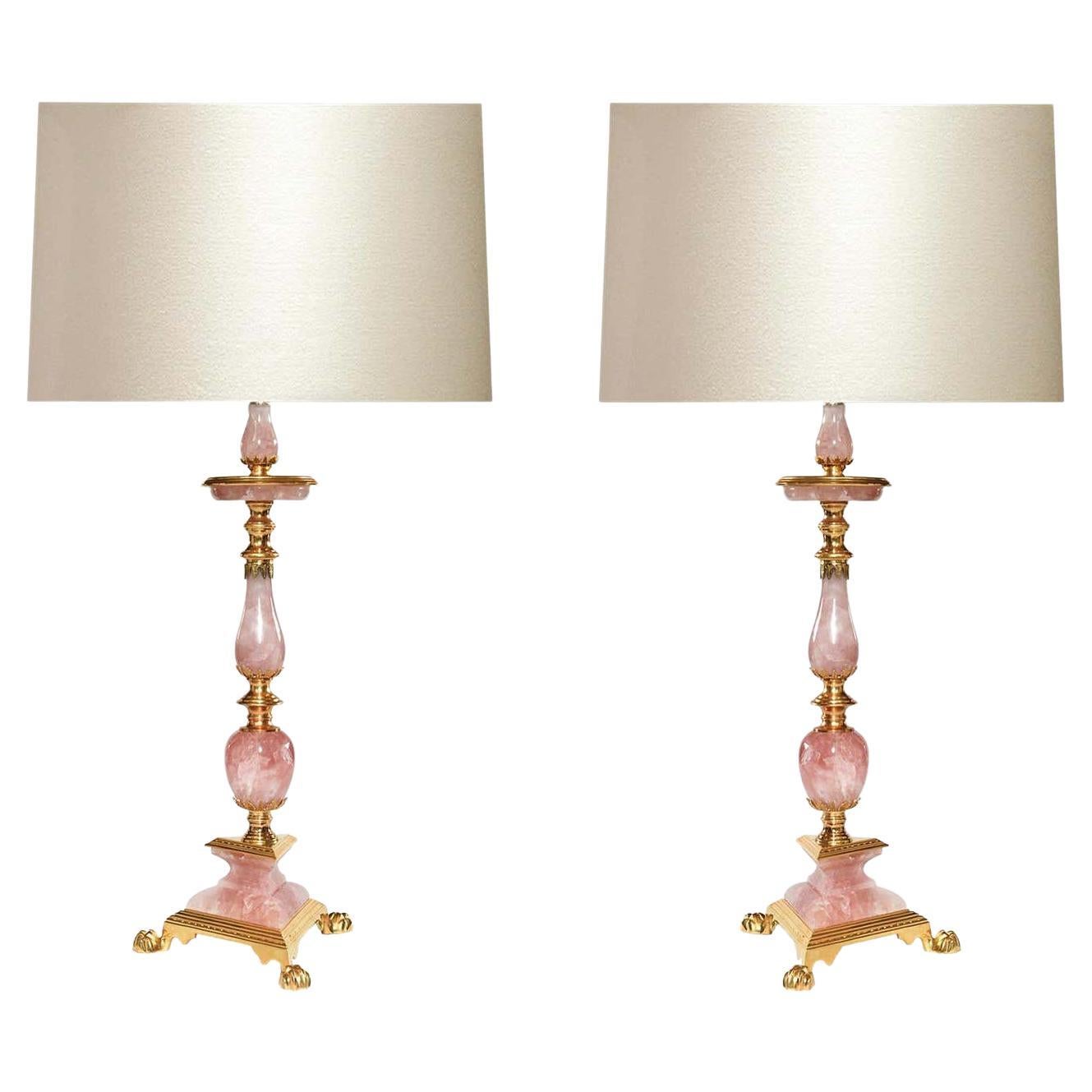 Pair of Ormolu-Mounted Rose Rock Crystal Quartz Lamps