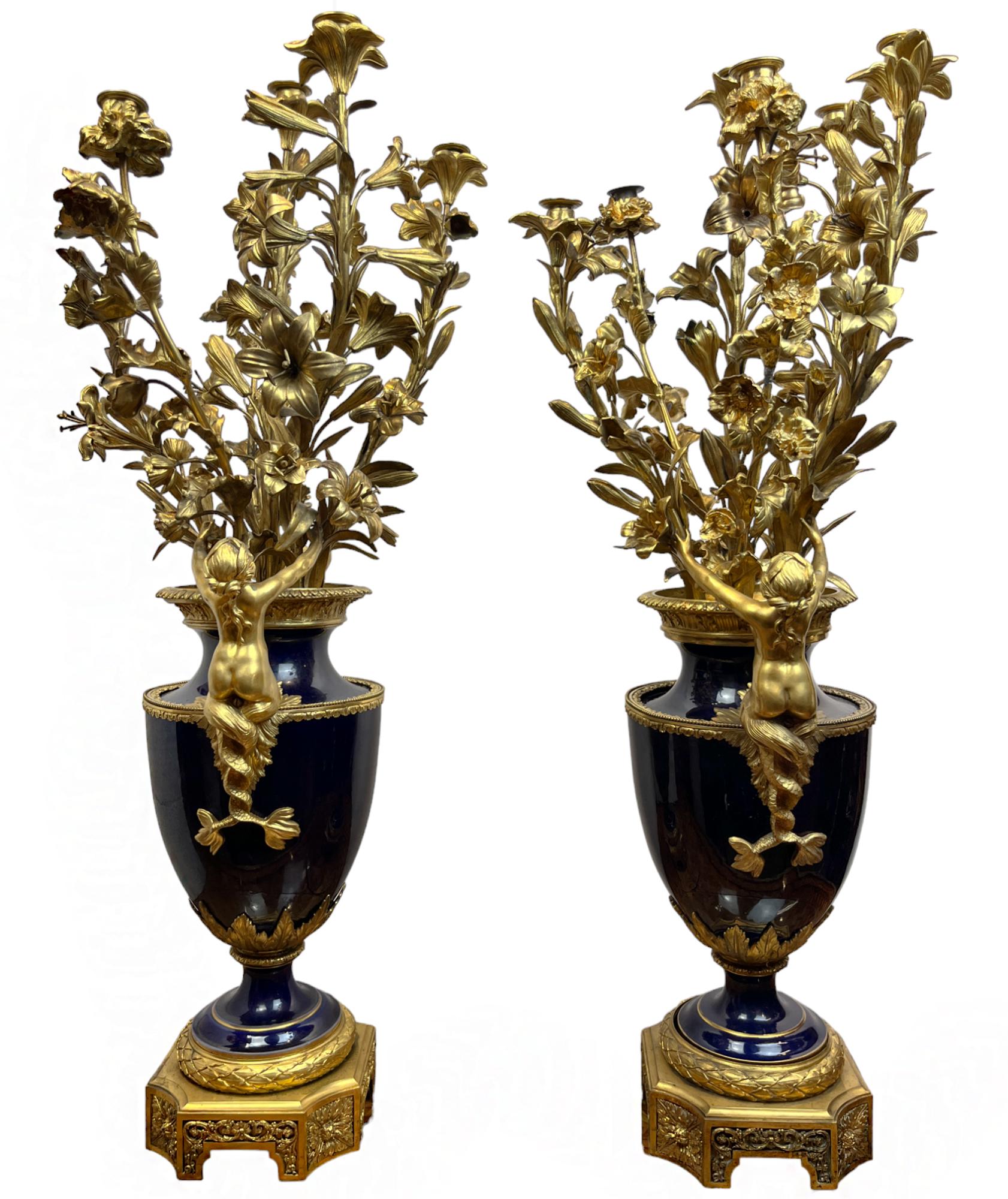 19th Century Pair Of Ormolu Mounted Sèvres-style Bouquet Candelabras For Sale