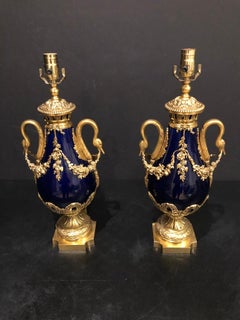 Pair of Ormolu-Mounted Sèvres Style Cobalt Blue Lamps