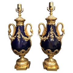 Pair of Ormolu-Mounted Sèvres Style Cobalt Blue Lamps