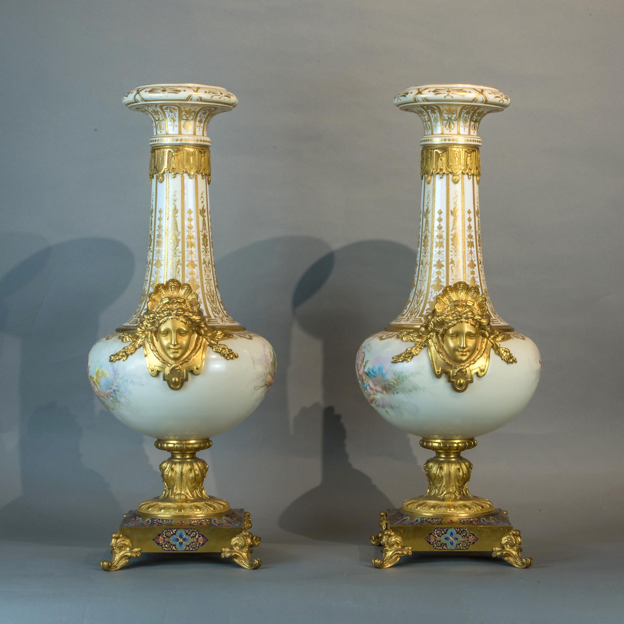 French Pair of Ormolu-Mounted Sèvres-style Porcelain Champlevé Vases For Sale