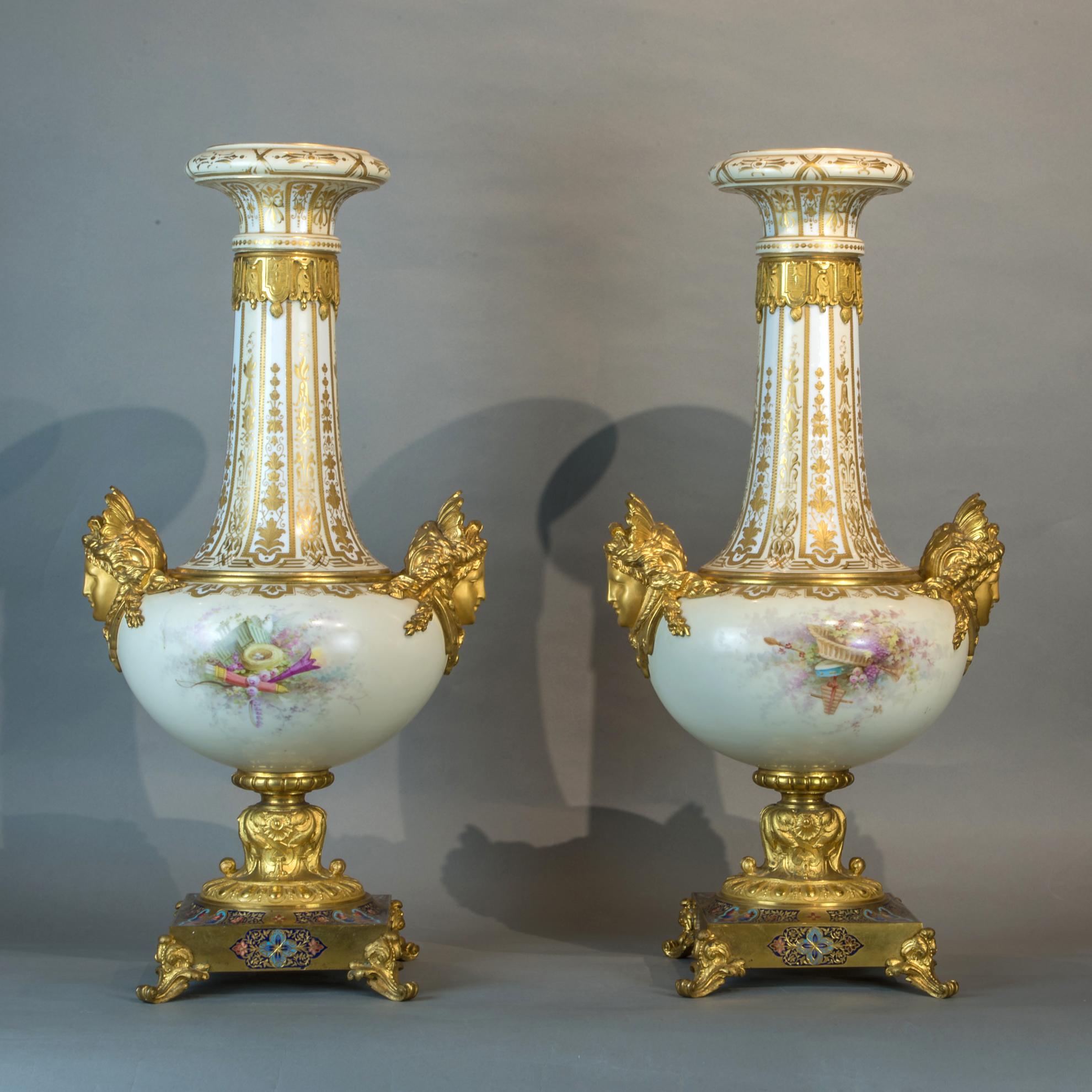 Gilt Pair of Ormolu-Mounted Sèvres-style Porcelain Champlevé Vases For Sale
