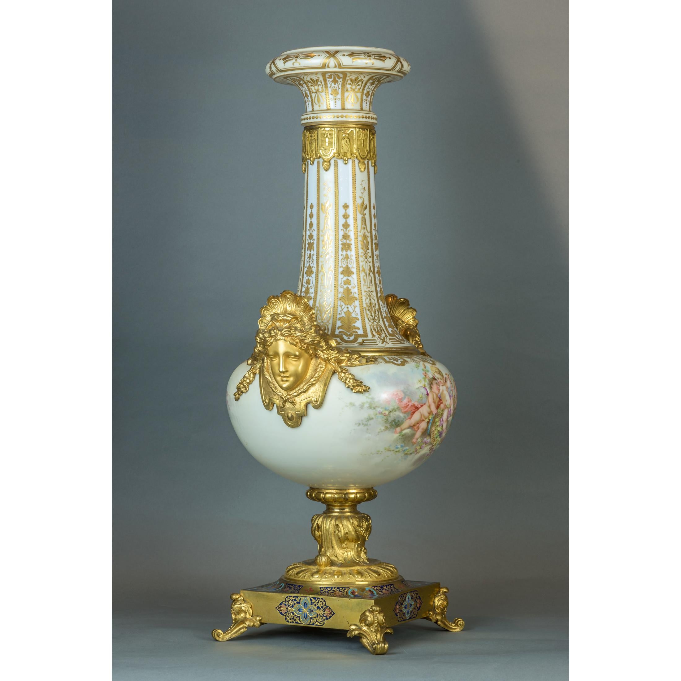 Bronze Pair of Ormolu-Mounted Sèvres-style Porcelain Champlevé Vases For Sale