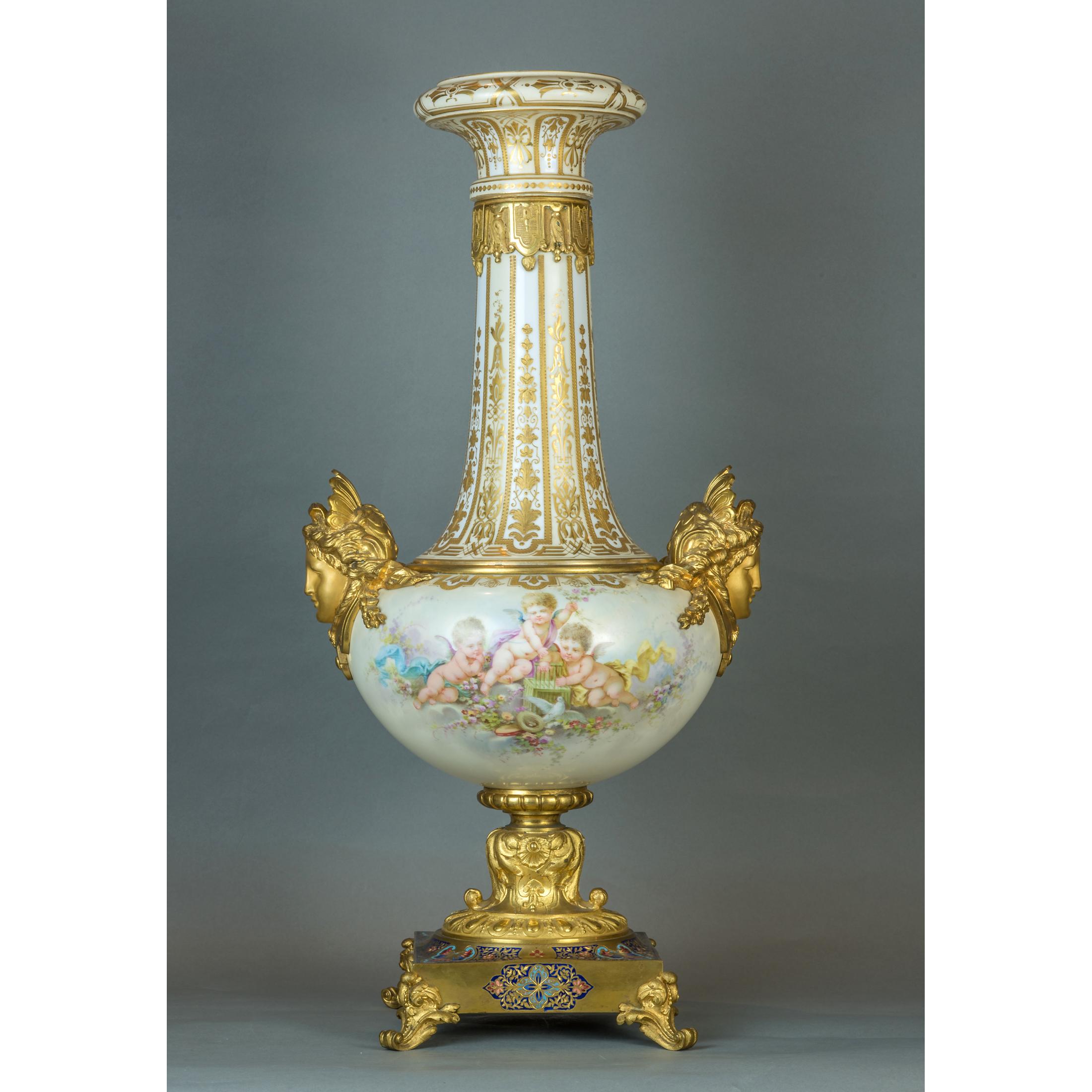 Pair of Ormolu-Mounted Sèvres-style Porcelain Champlevé Vases For Sale 2