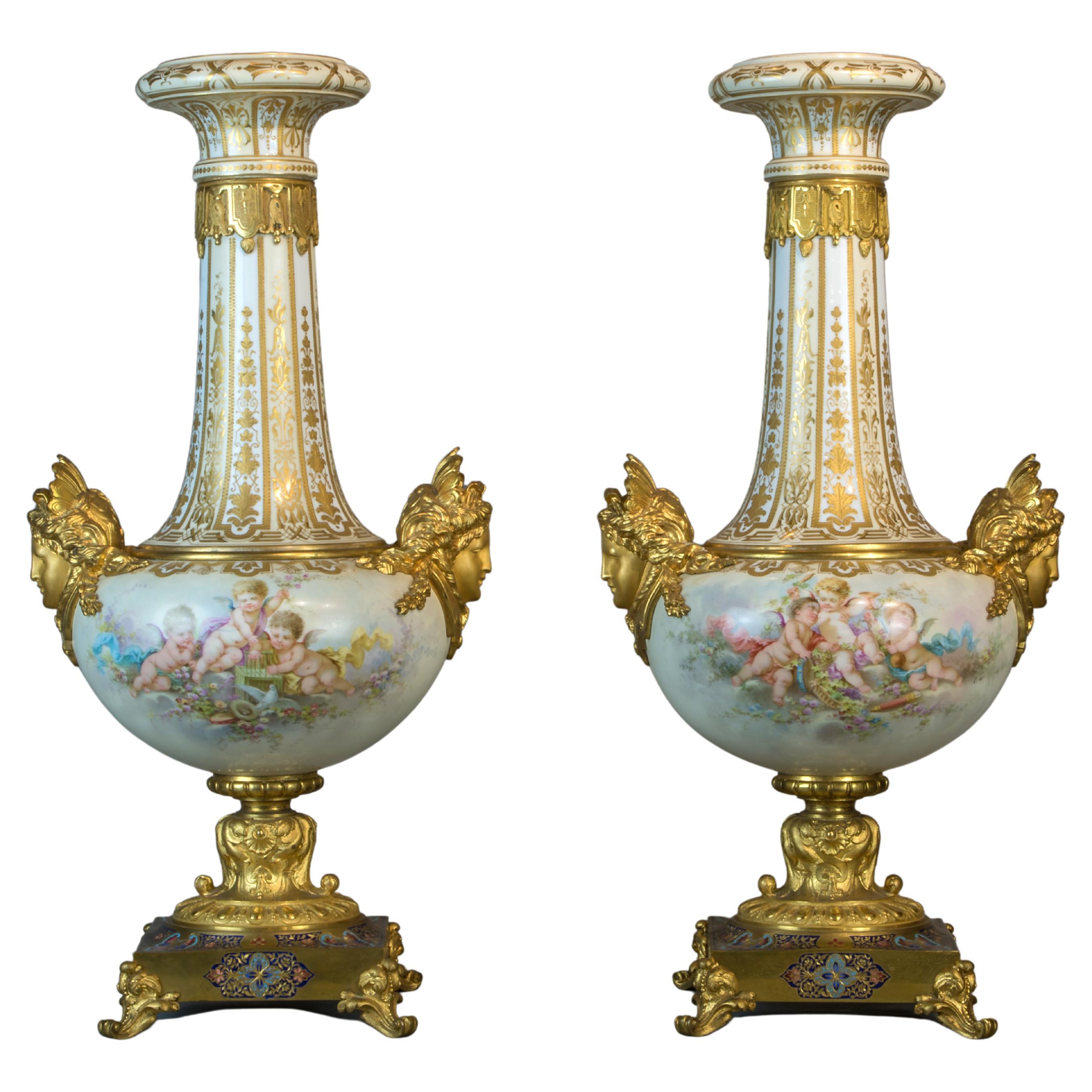 Pair of Ormolu-Mounted Sèvres-style Porcelain Champlevé Vases For Sale