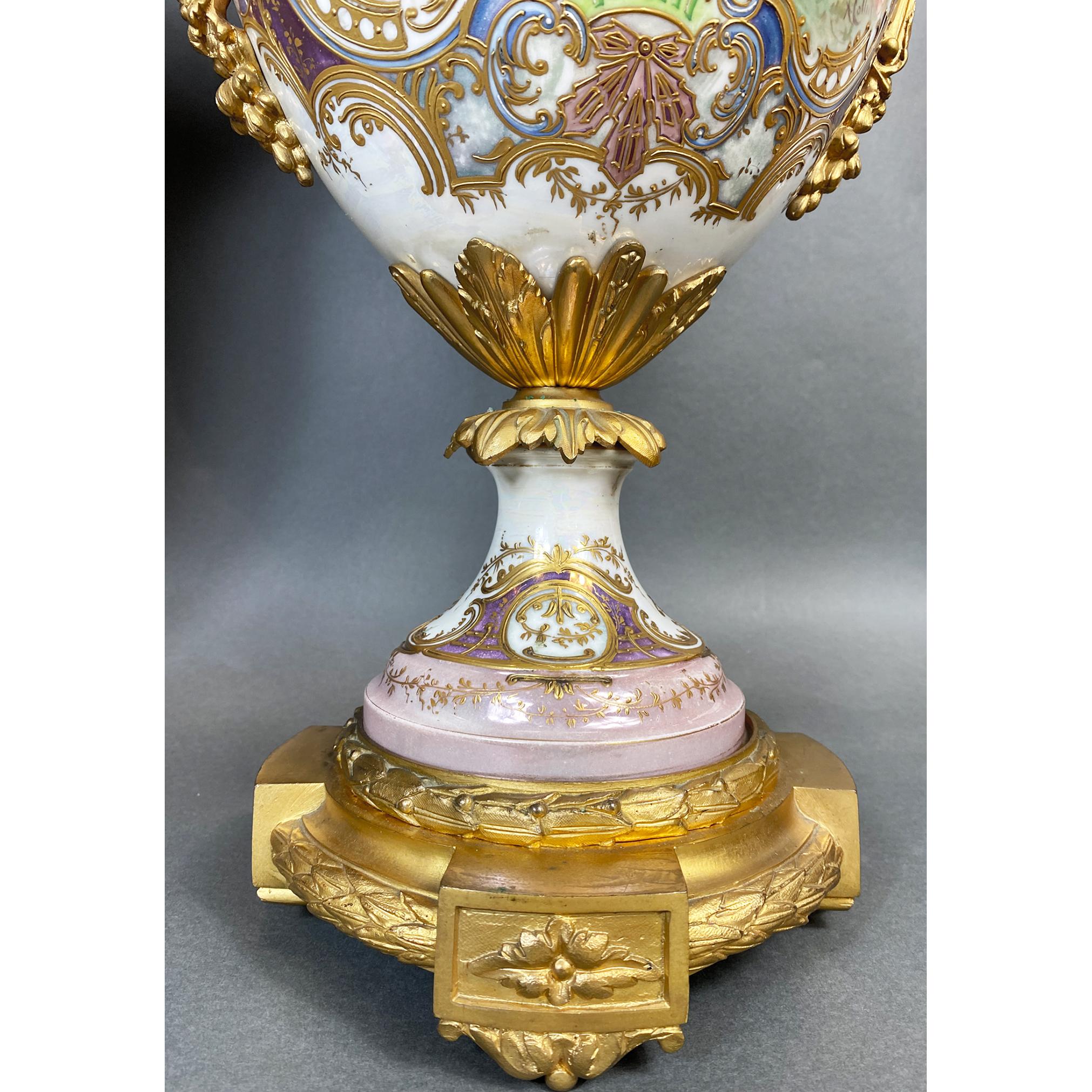 Pair of Ormolu-Mounted Sevres Style Vases with Garden Scene by A. Collot For Sale 5