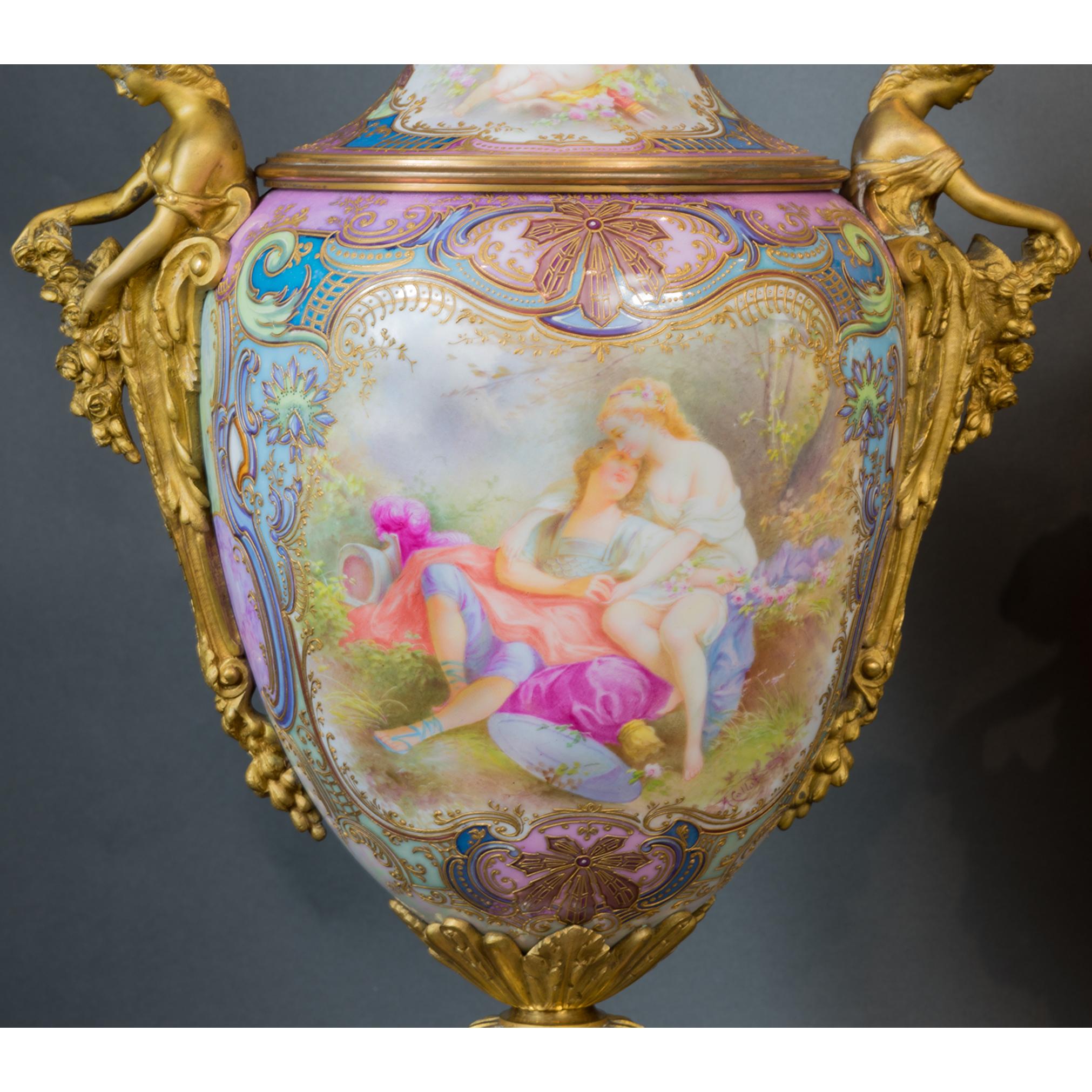 Pair of Ormolu-Mounted Sevres Style Vases with Garden Scene by A. Collot In Good Condition For Sale In New York, NY