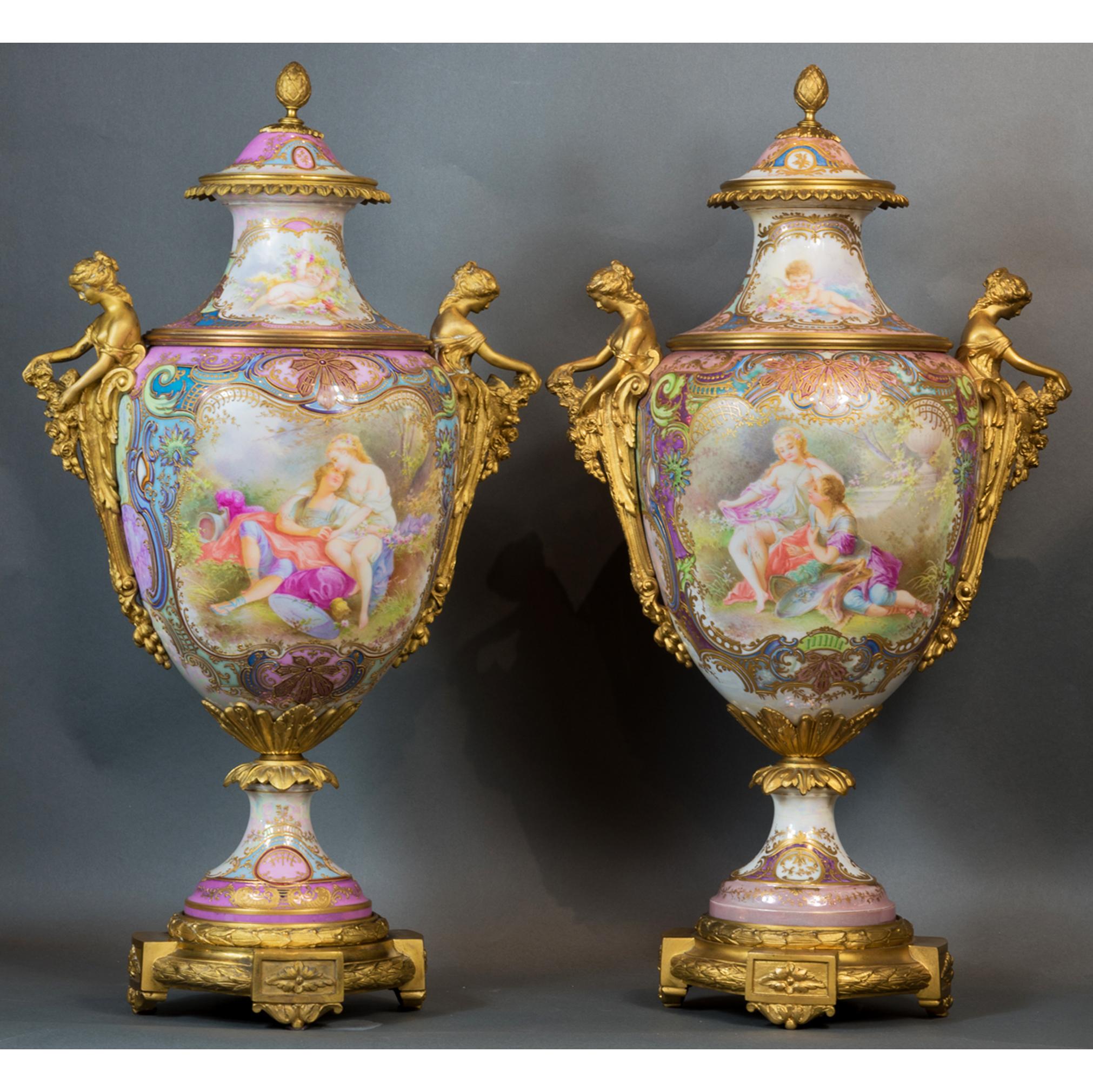 19th Century Pair of Ormolu-Mounted Sevres Style Vases with Garden Scene by A. Collot For Sale