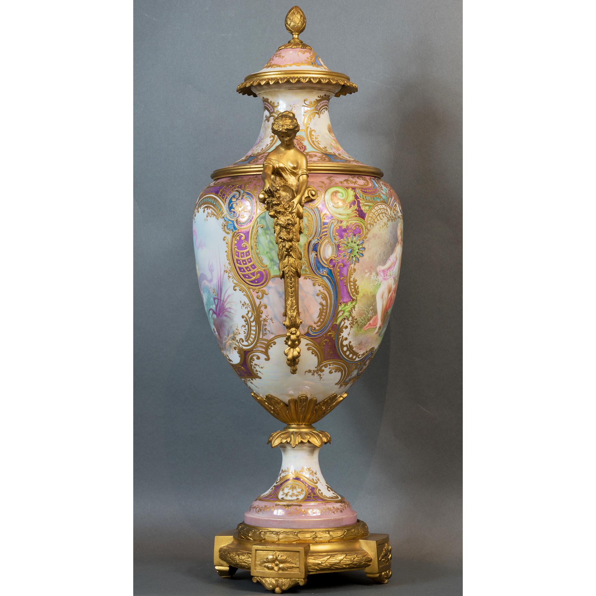 Bronze Pair of Ormolu-Mounted Sevres Style Vases with Garden Scene by A. Collot For Sale
