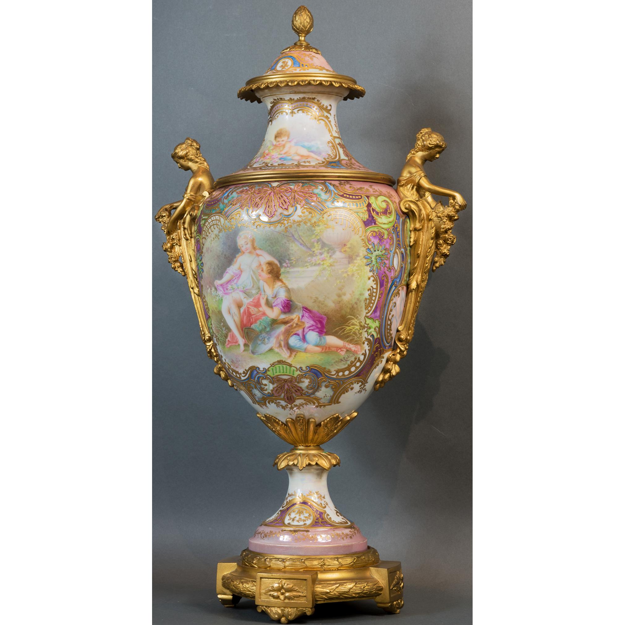 Pair of Ormolu-Mounted Sevres Style Vases with Garden Scene by A. Collot For Sale 1