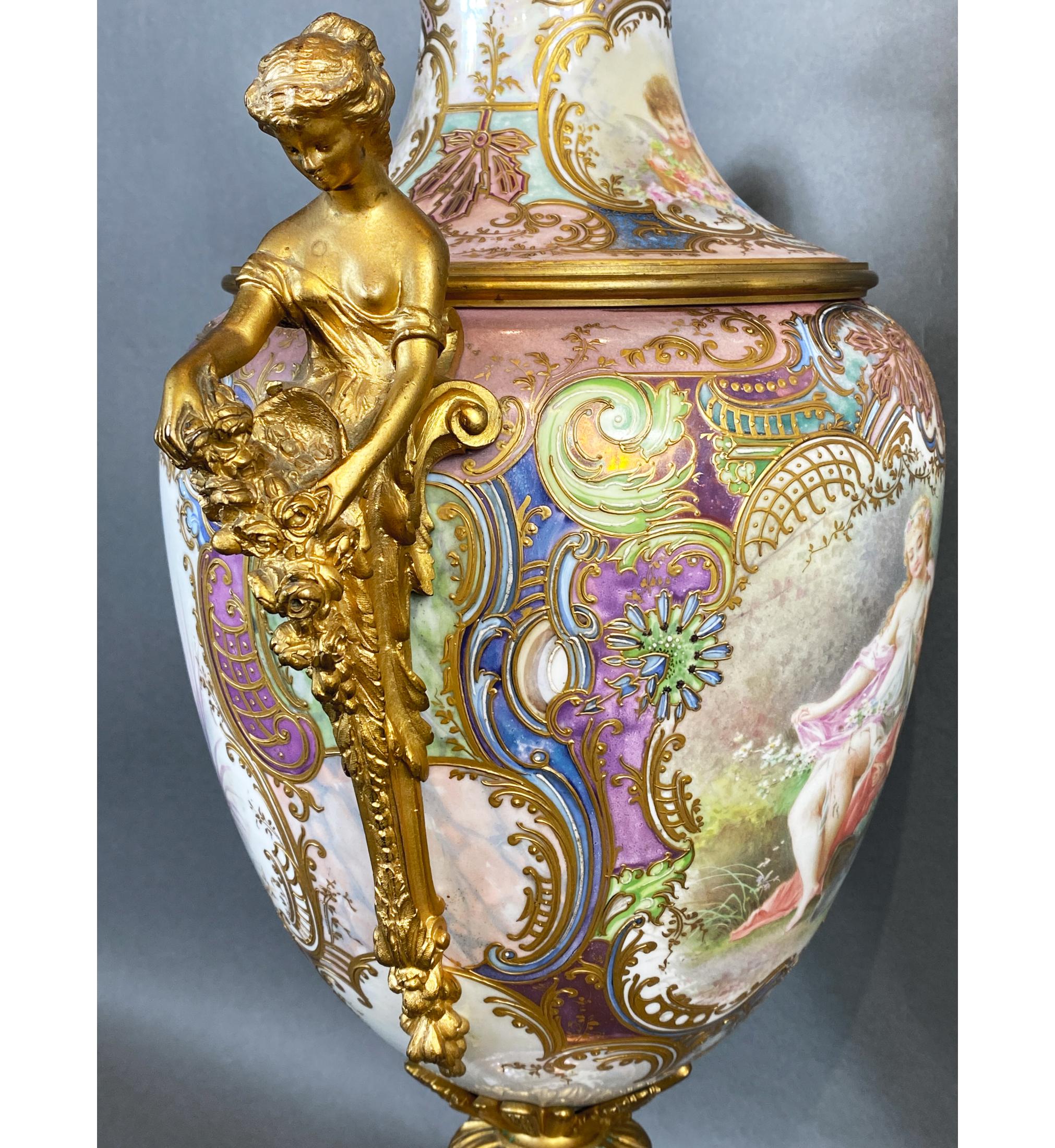 Pair of Ormolu-Mounted Sevres Style Vases with Garden Scene by A. Collot For Sale 2