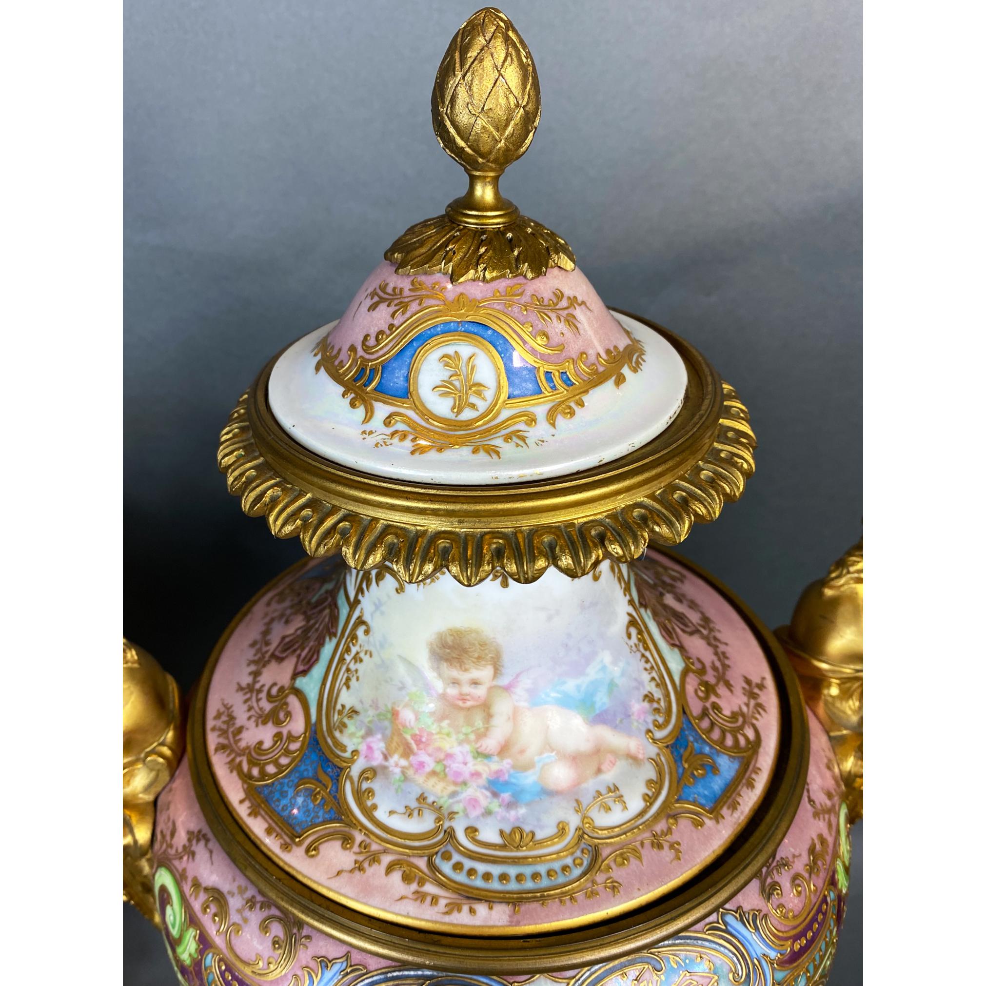 Pair of Ormolu-Mounted Sevres Style Vases with Garden Scene by A. Collot For Sale 3