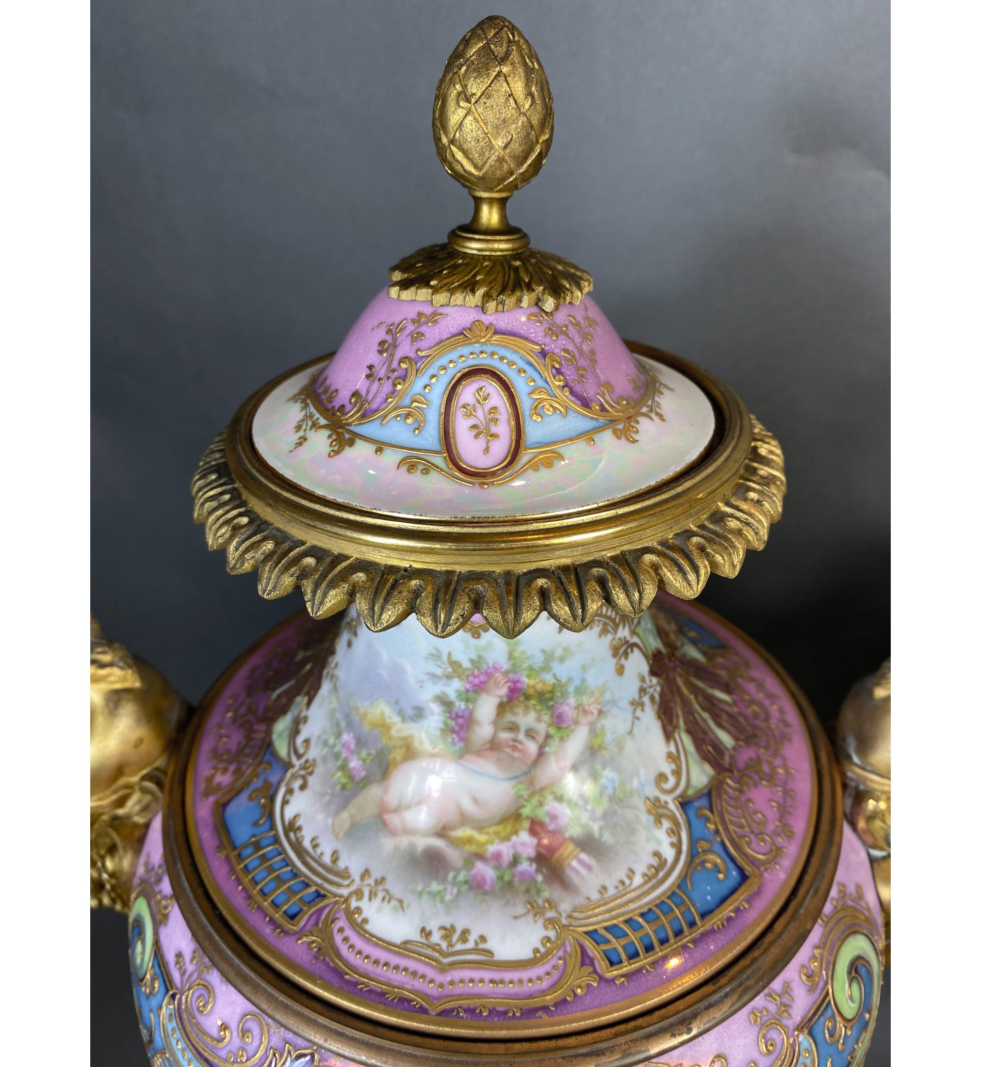 Pair of Ormolu-Mounted Sevres Style Vases with Garden Scene by A. Collot For Sale 4