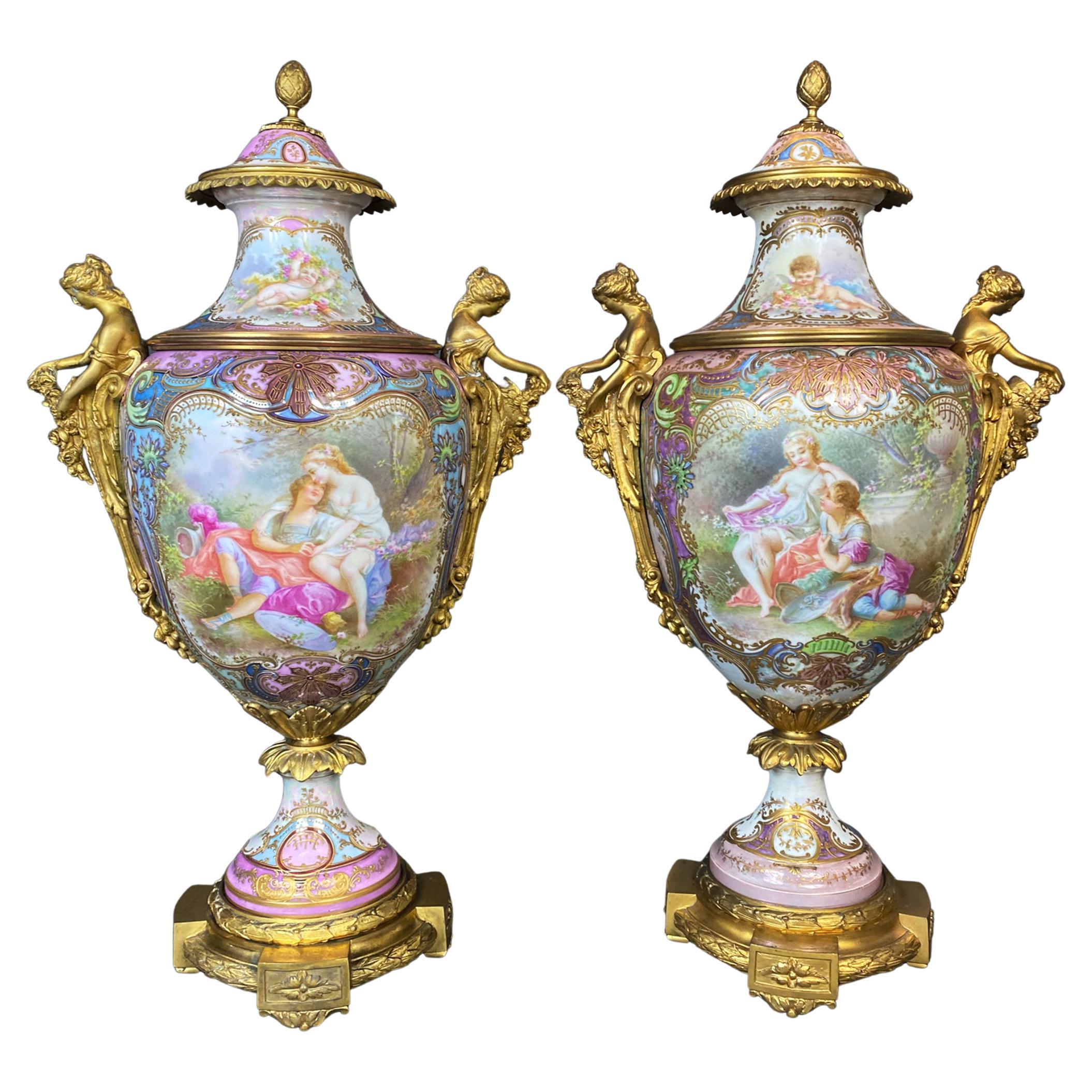 Pair of Ormolu-Mounted Sevres Style Vases with Garden Scene by A. Collot For Sale