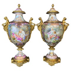 Antique Pair of Ormolu-Mounted Sevres Style Vases with Garden Scene by A. Collot