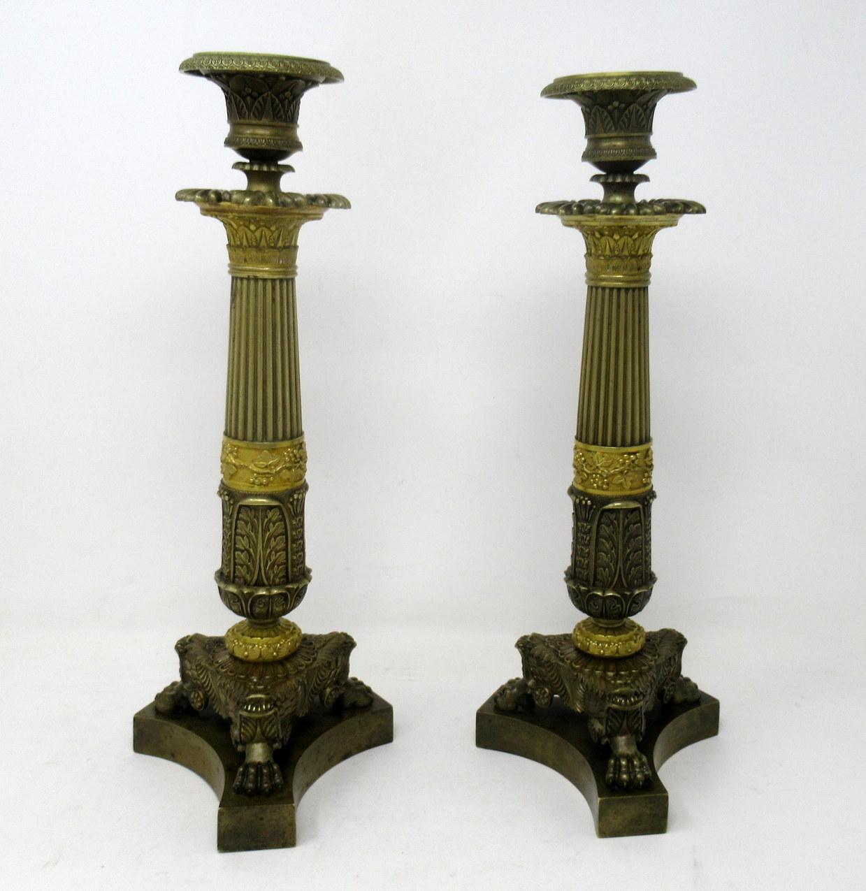 Regency Pair of Ormolu Patinated Bronze Acanthus Empire-Style Candlesticks, 19th Century