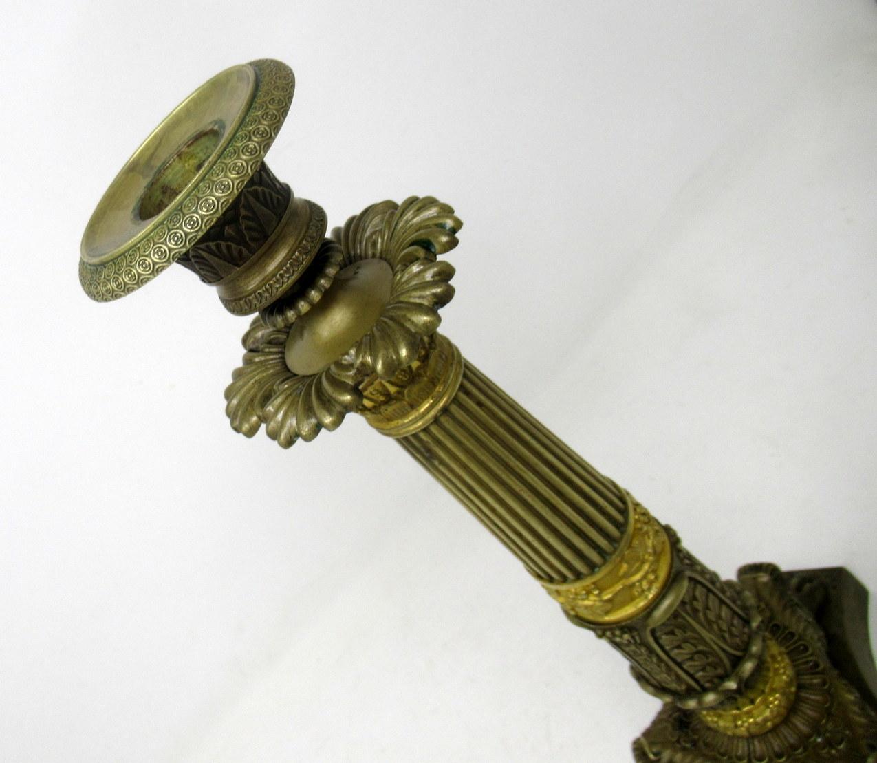 French Pair of Ormolu Patinated Bronze Acanthus Empire-Style Candlesticks, 19th Century