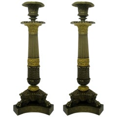 Pair of Ormolu Patinated Bronze Acanthus Empire-Style Candlesticks, 19th Century