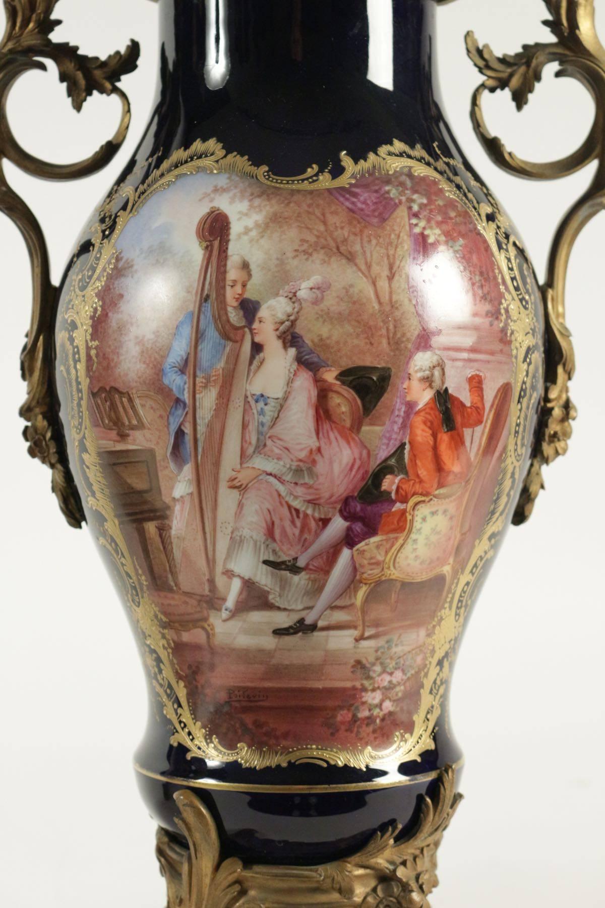 Hand-Painted Pair of Ormolu Sevres Vases, 19th Century For Sale