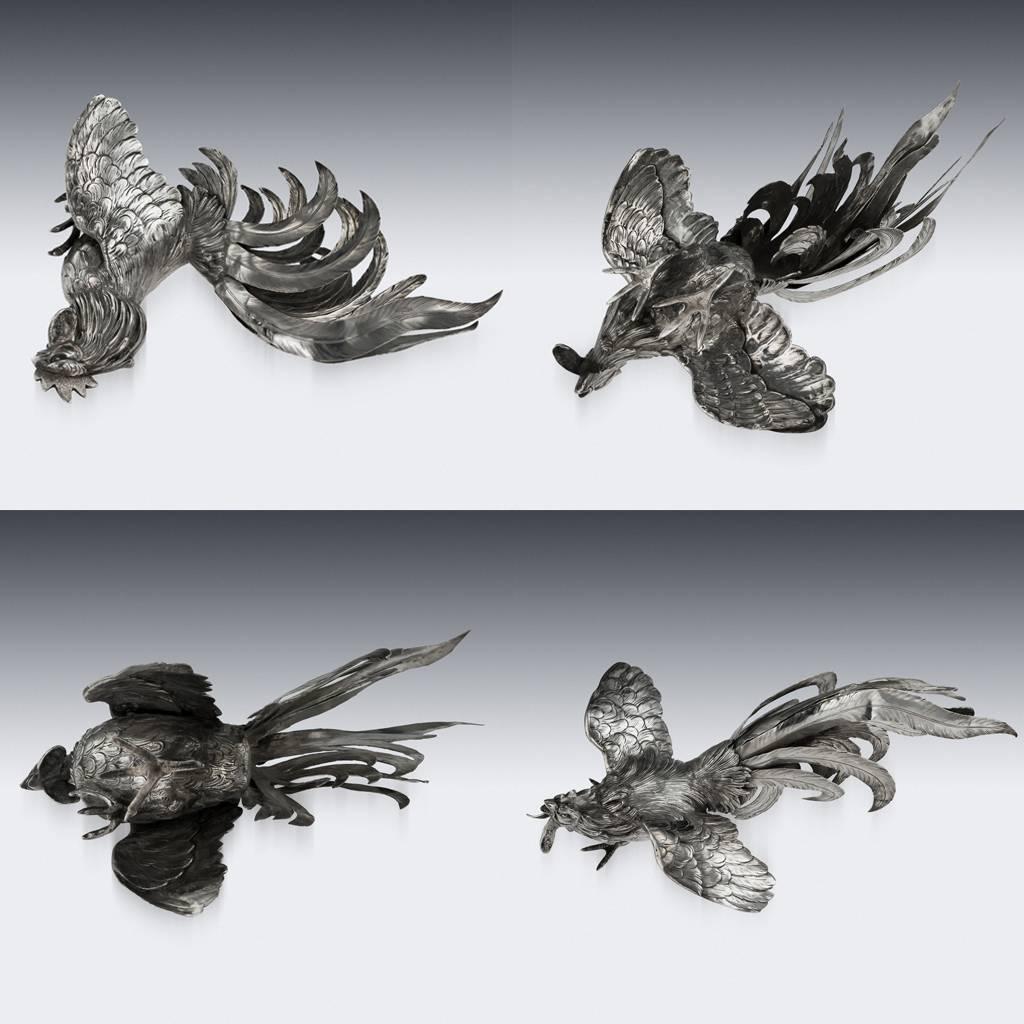 20th Century Pair of Ornamental German Silver Fighting Cockerels, circa 1910 For Sale