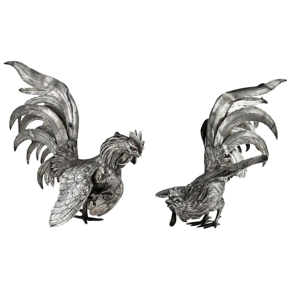 Pair of Ornamental German Silver Fighting Cockerels, circa 1910 For Sale