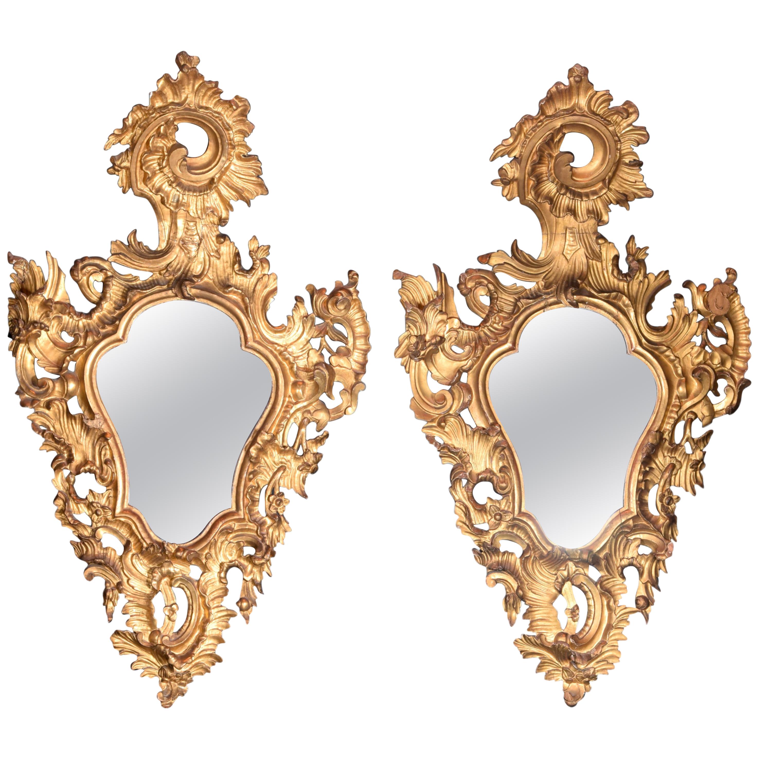 Pair of Ornamental Mirrors, Giltwood, Roccoco, 18th Century