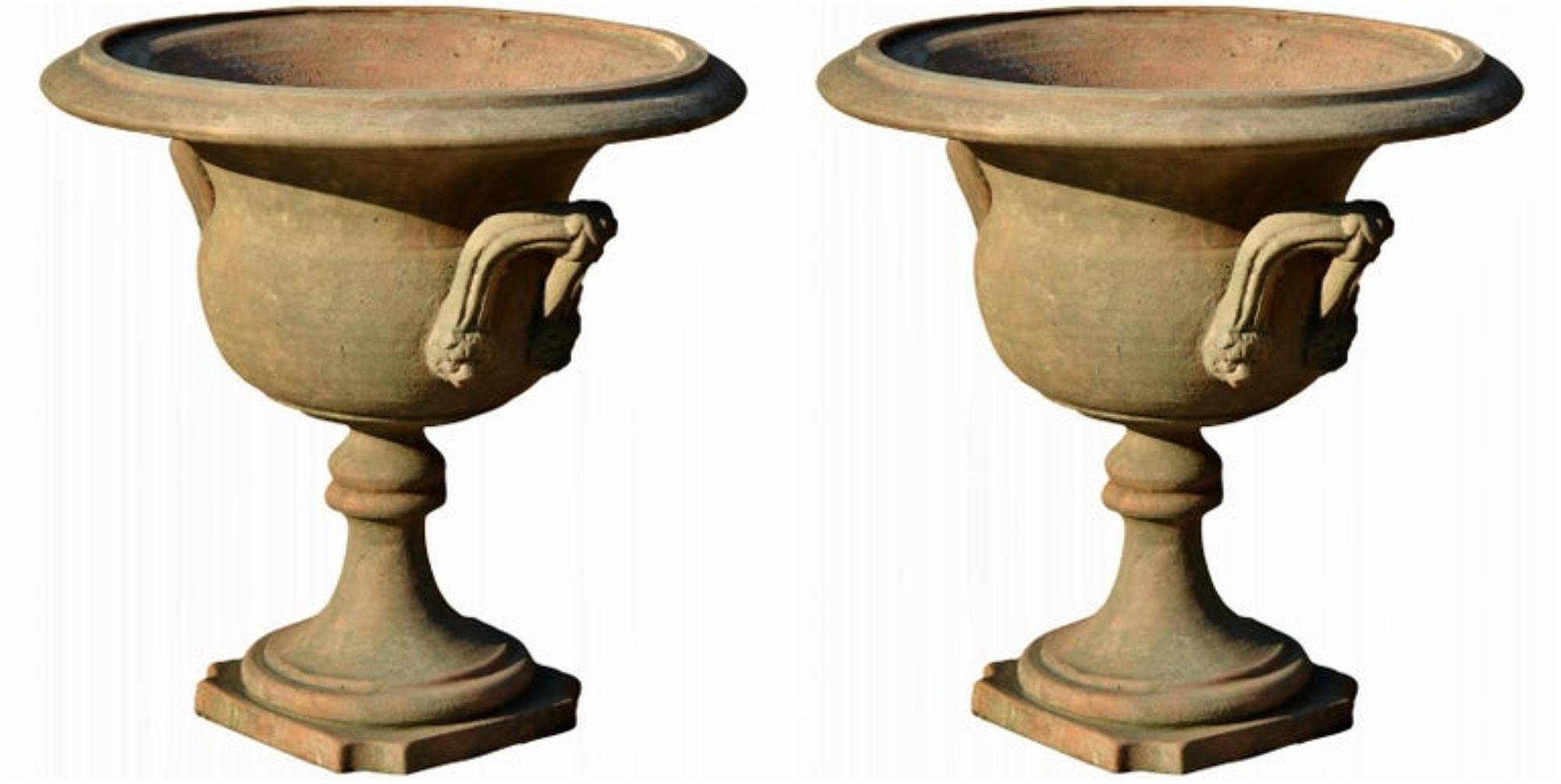 Hand-Crafted Pair of Ornamental Terracotta Goblet with Loop Handles, Early 20th Century For Sale