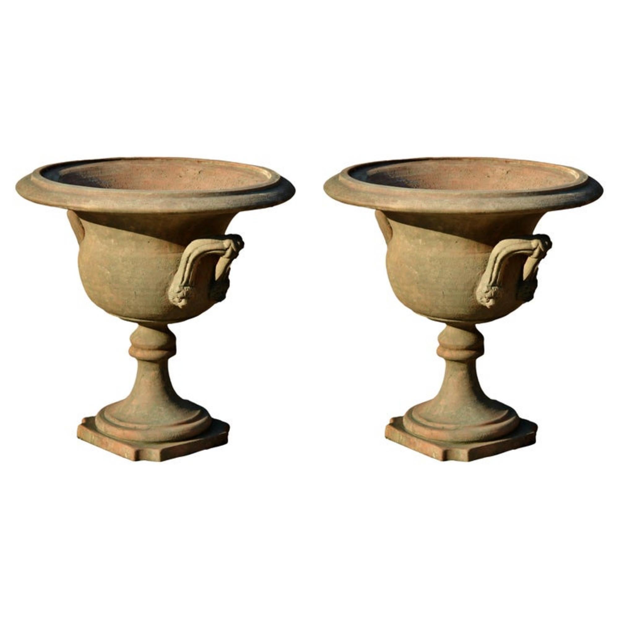 Pair of Ornamental Terracotta Goblet with Loop Handles, Early 20th Century In Good Condition For Sale In Madrid, ES