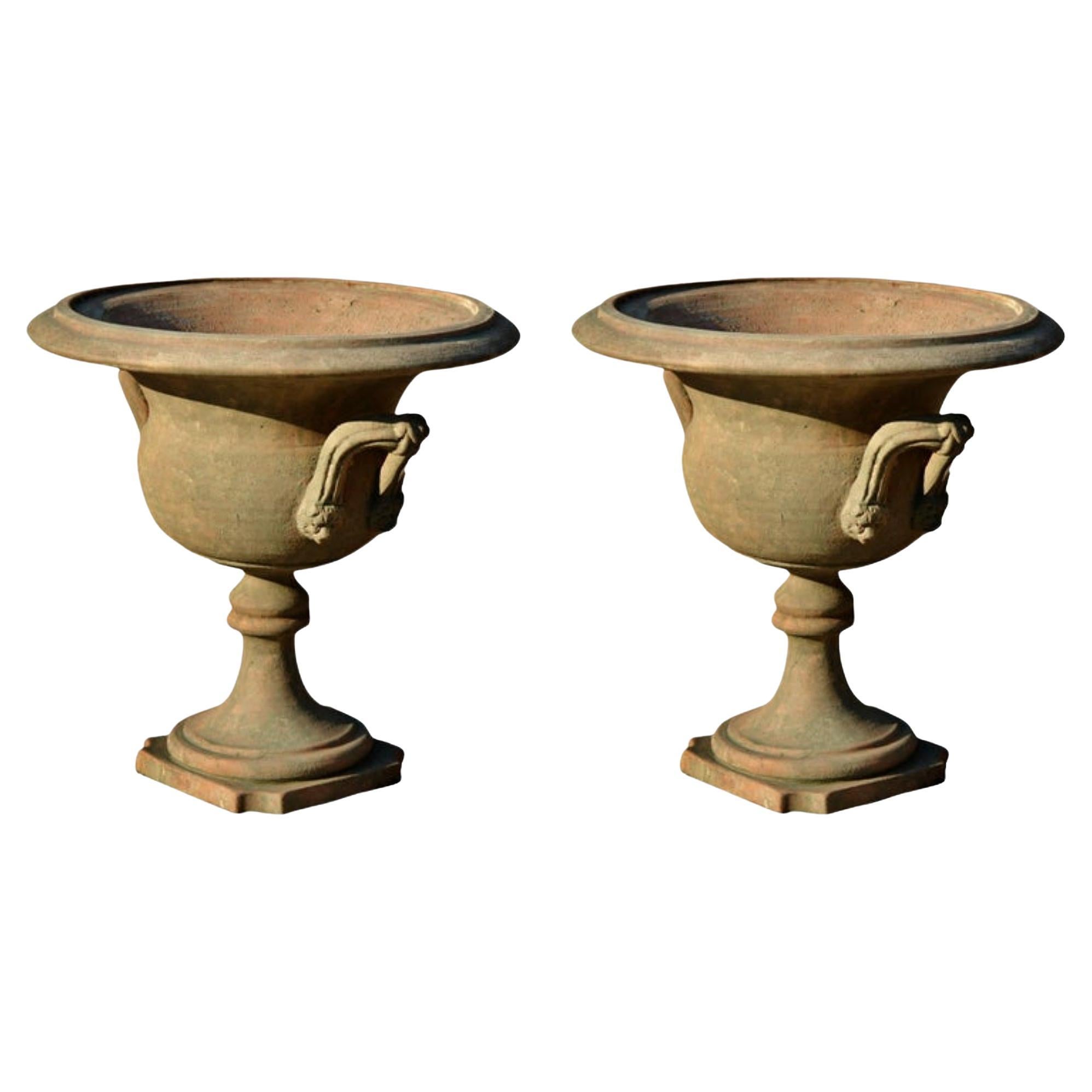 Pair of Ornamental Terracotta Goblet with Loop Handles, Early 20th Century For Sale