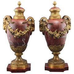 Pair of Ornamental Urns, Rouge Griotte Marble and Bronze, 19th Century